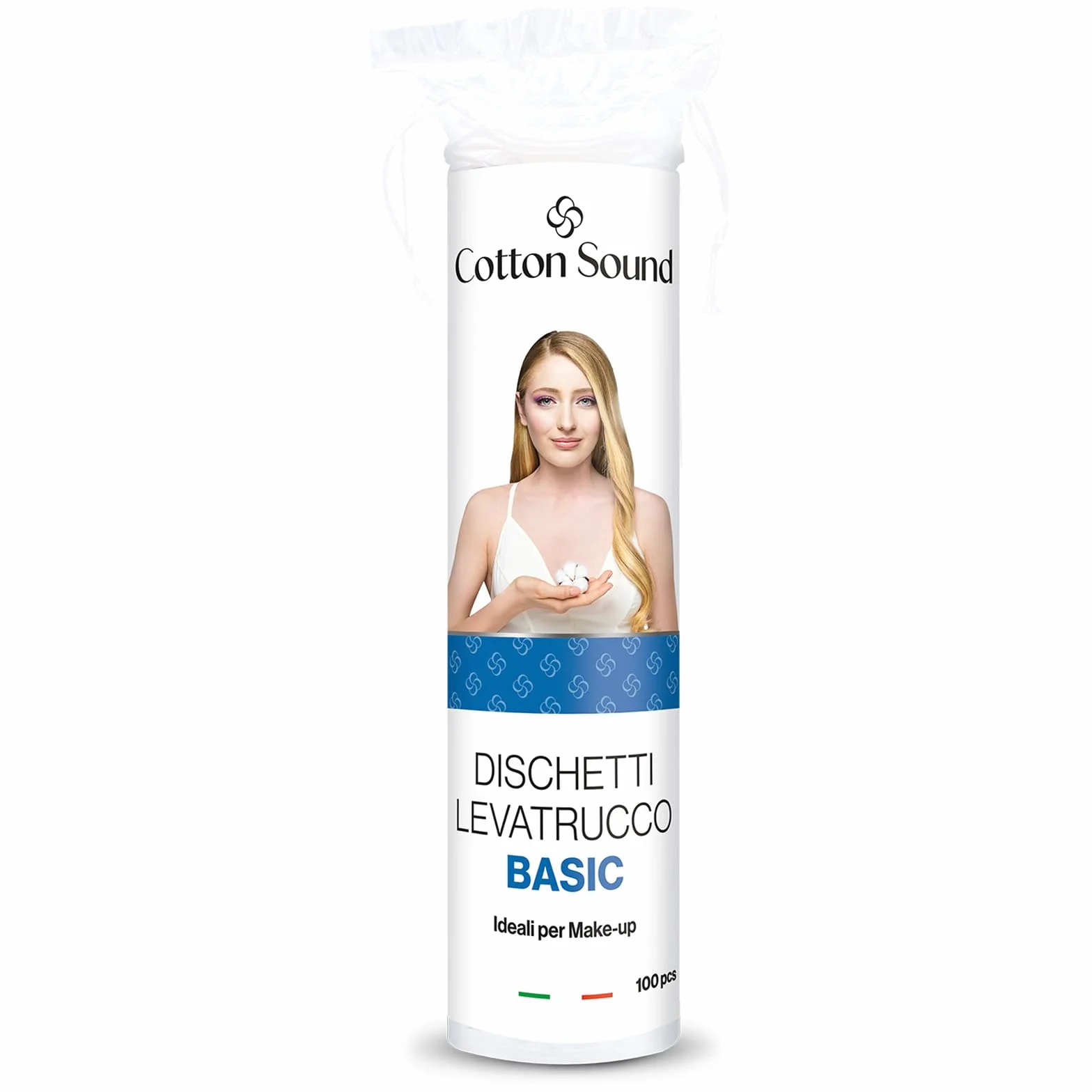 COTTON SOUND BASIC płatki do demakijażu 100 sztuk, 100% bawełna, odpowiednie do wszystkich rodzajów skóry, idealne do usuwania makijażu, wyprodukowane we Włoszech