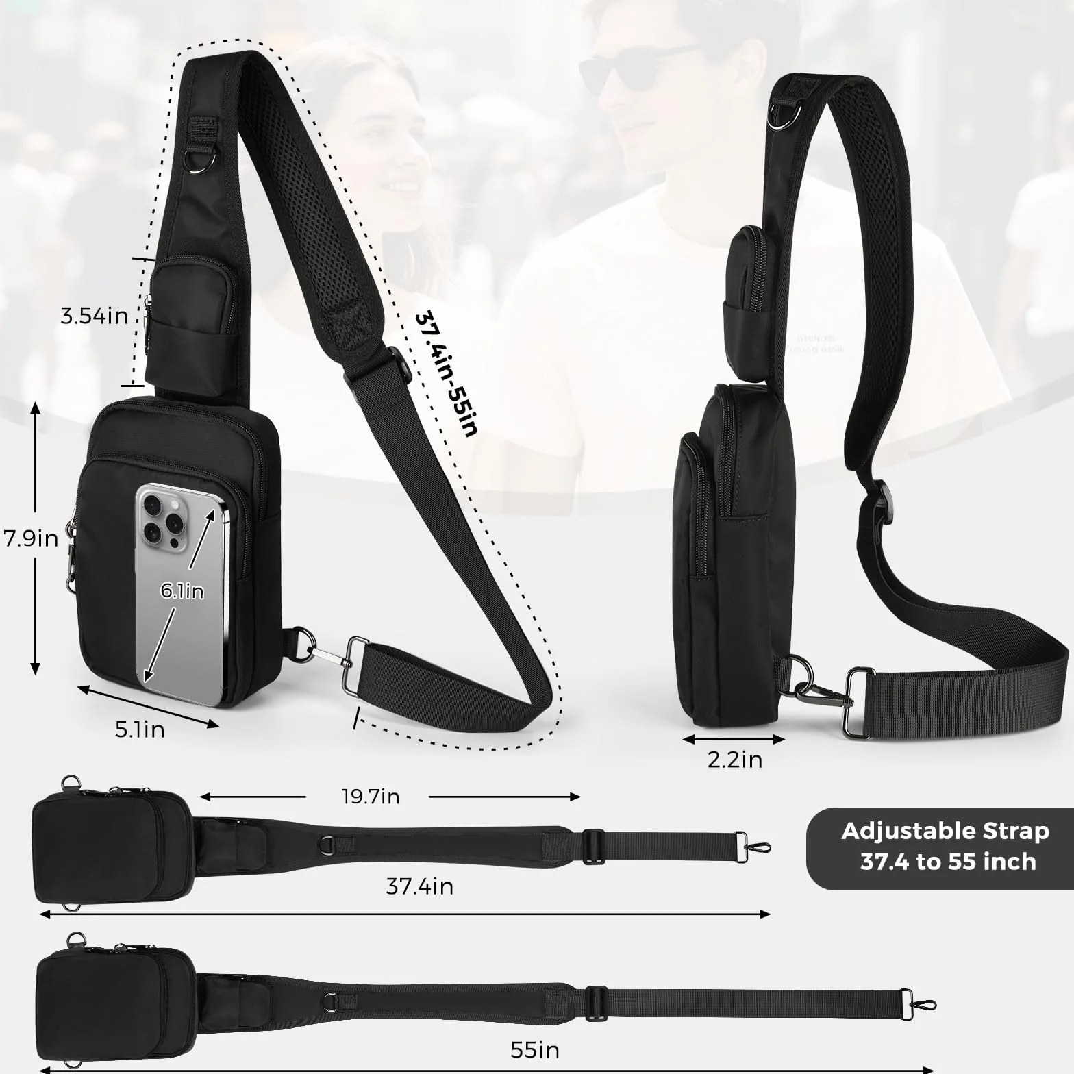 BROADREAM Antykradzieżowa torba na ramię Sling Chest Crossbody Bag torba na ramię męska damska mała męska torebka z zamkiem błyskawicznym i blokadą RFID