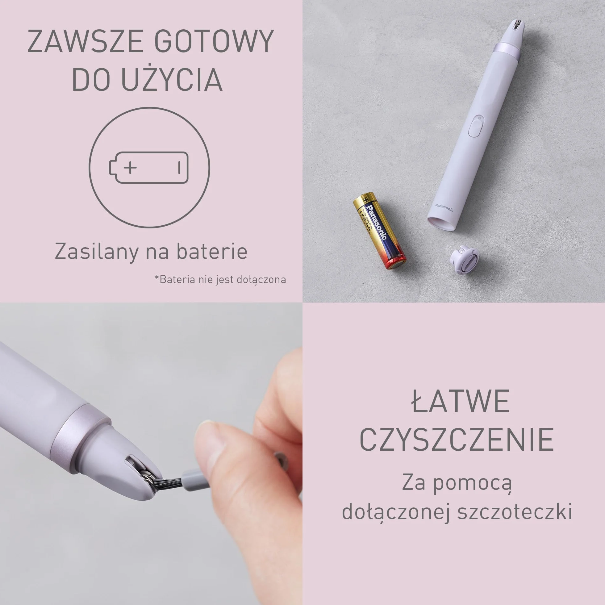 Panasonic ES-EF10-V503 Depilator do brwi i twarzy dla kobiet, trymer do brwi, z lampką LED, kompaktowa konstrukcja w formie długopisu, zasilany bateriami AA, jasny fiolet