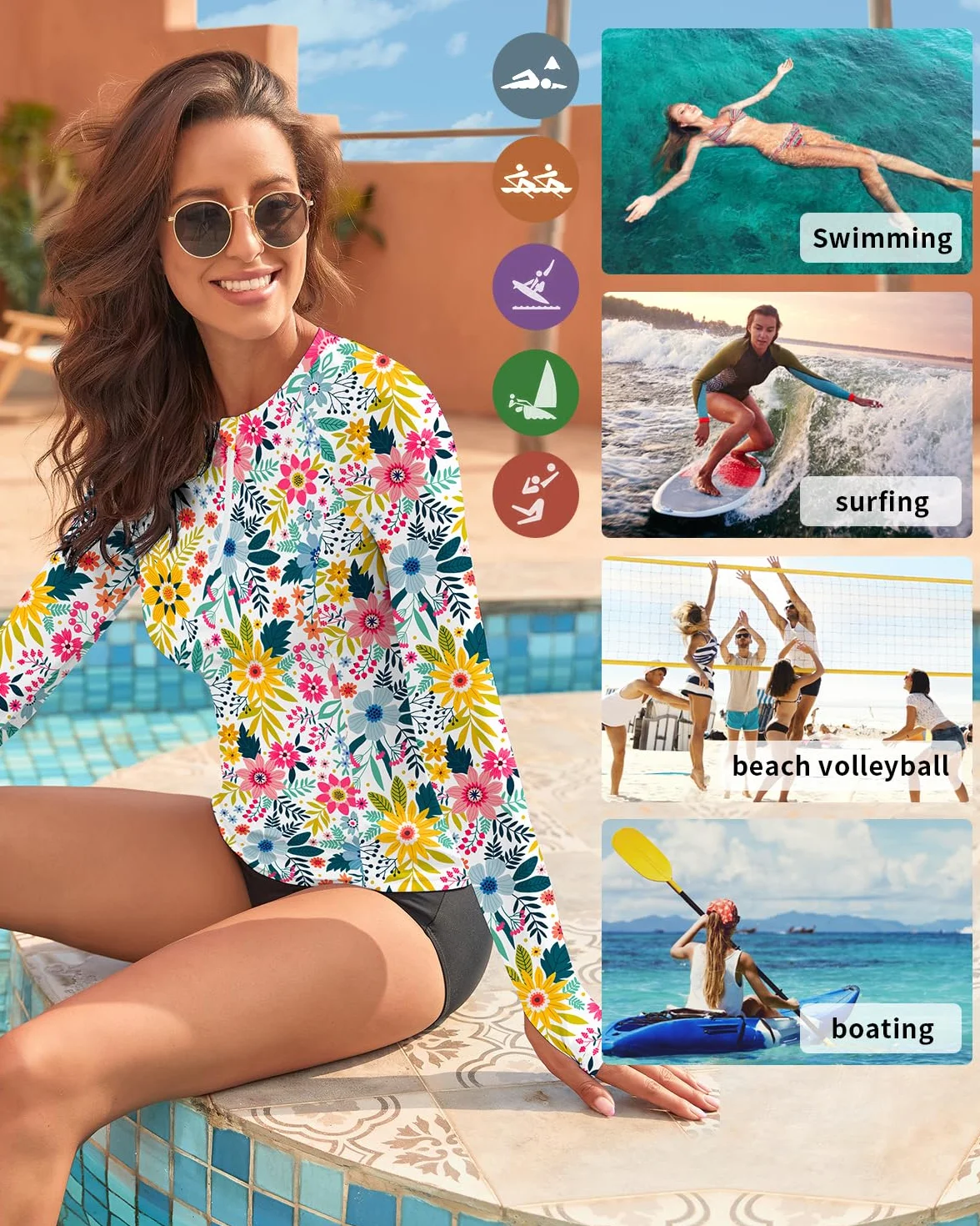 WOWENY Damska koszulka do pływania z długim rękawem 1/4 Zip Rashguard, ochrona przed słońcem, moda kąpielowa, do surfowania, na plażę, do pływania