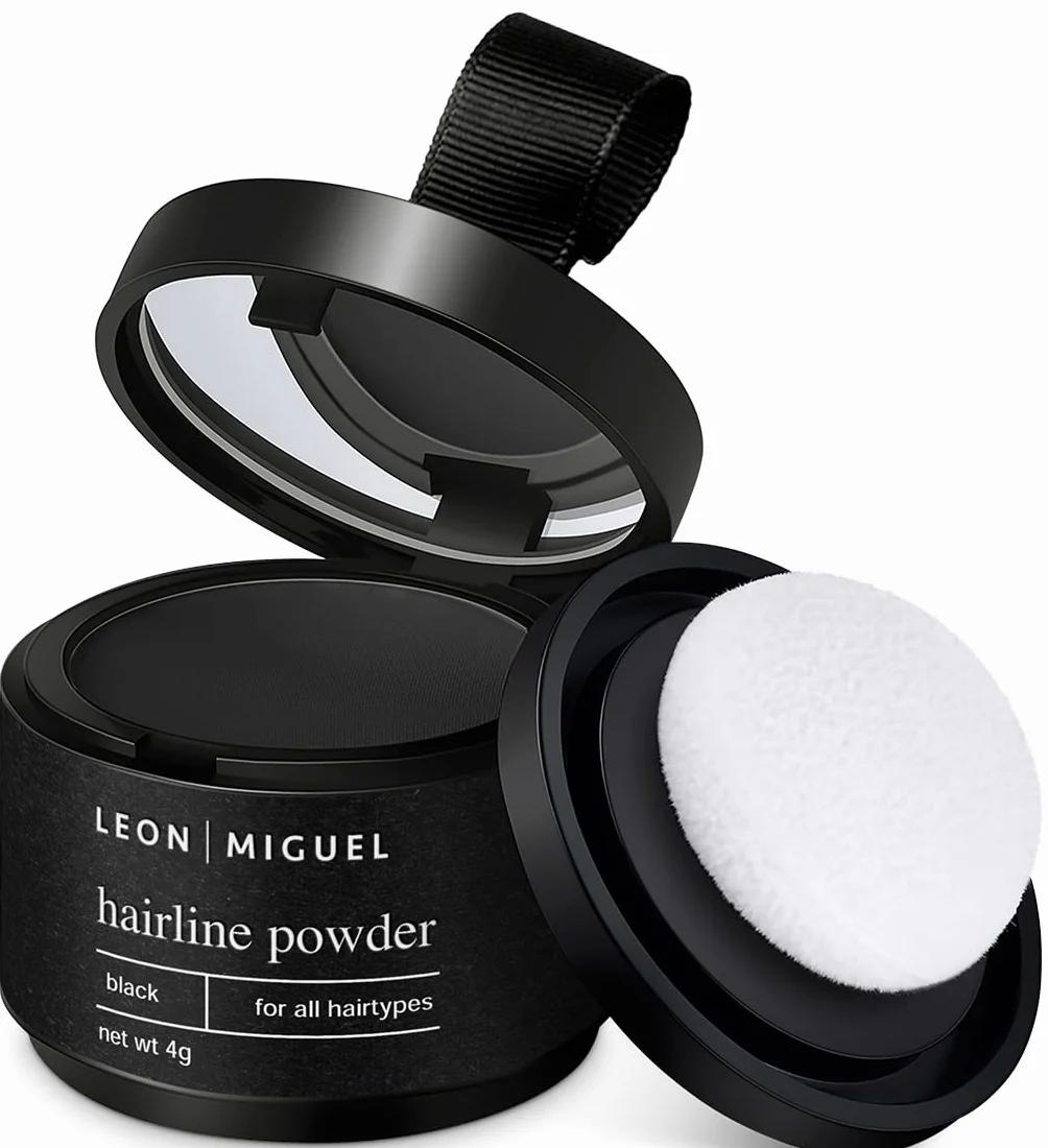 LEON MIGUEL Puder do nasady – wodoodporny puder Hairline Powder jako idealny korektor do zakrywania nasady, niewidoczny makijaż włosów do zagęszczania włosów (czarny, Hairline Powder)