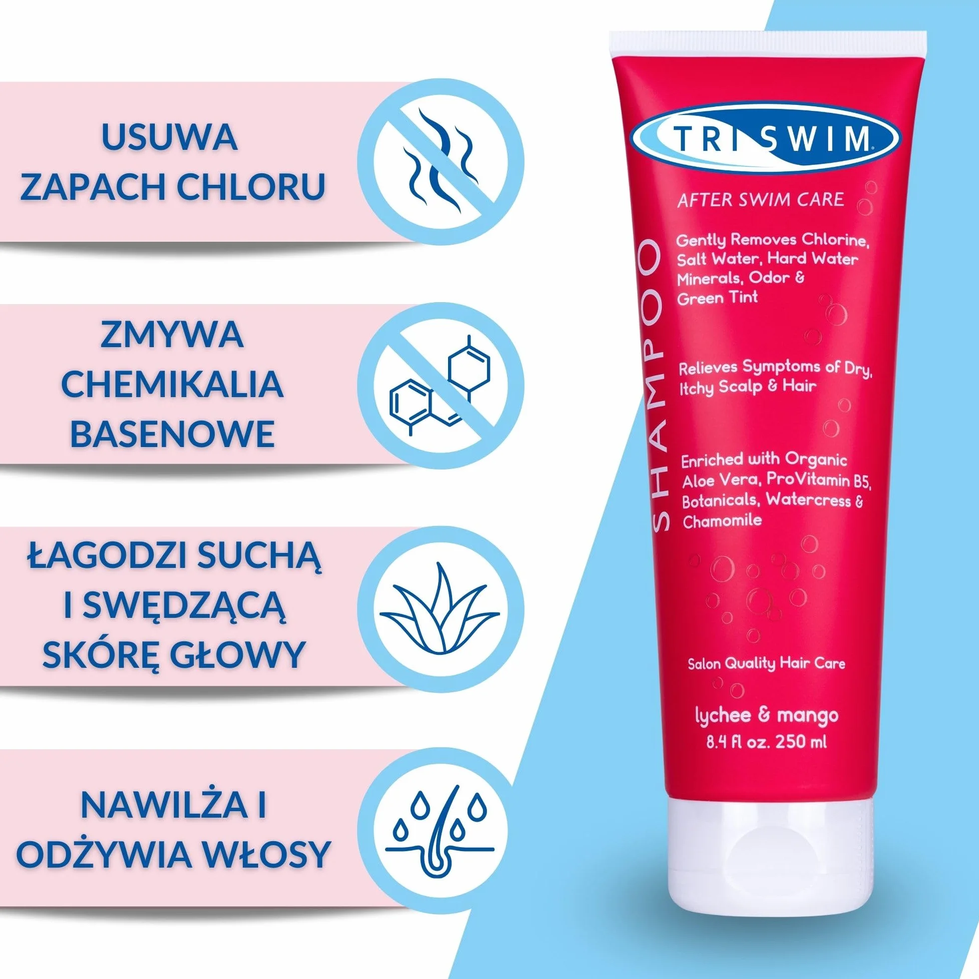 TRISWIM Zestaw do włosów po pływaniu usuwający chlor Szampon i regenerująca odżywka 250+250 ml