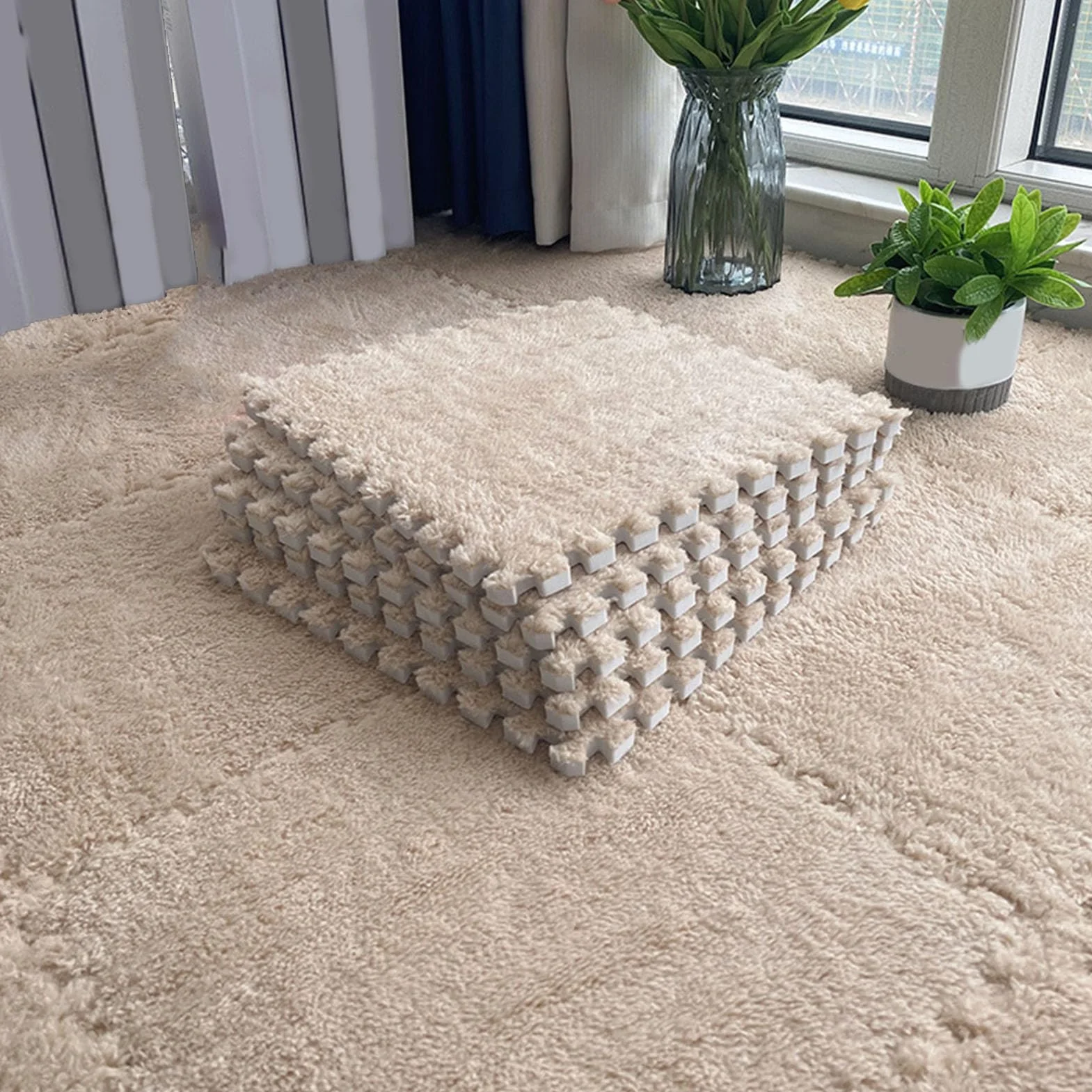 4 Szt. Miękkie Puszyste Płytki Dywanowe, Blokująca Mata Do Zabawy, Pluszowe Puzzle Piankowa Mata Podłogowa Do Salonu, Sypialni, 12x12 Cali(Size:0.23 Inch,Color:Khaki)