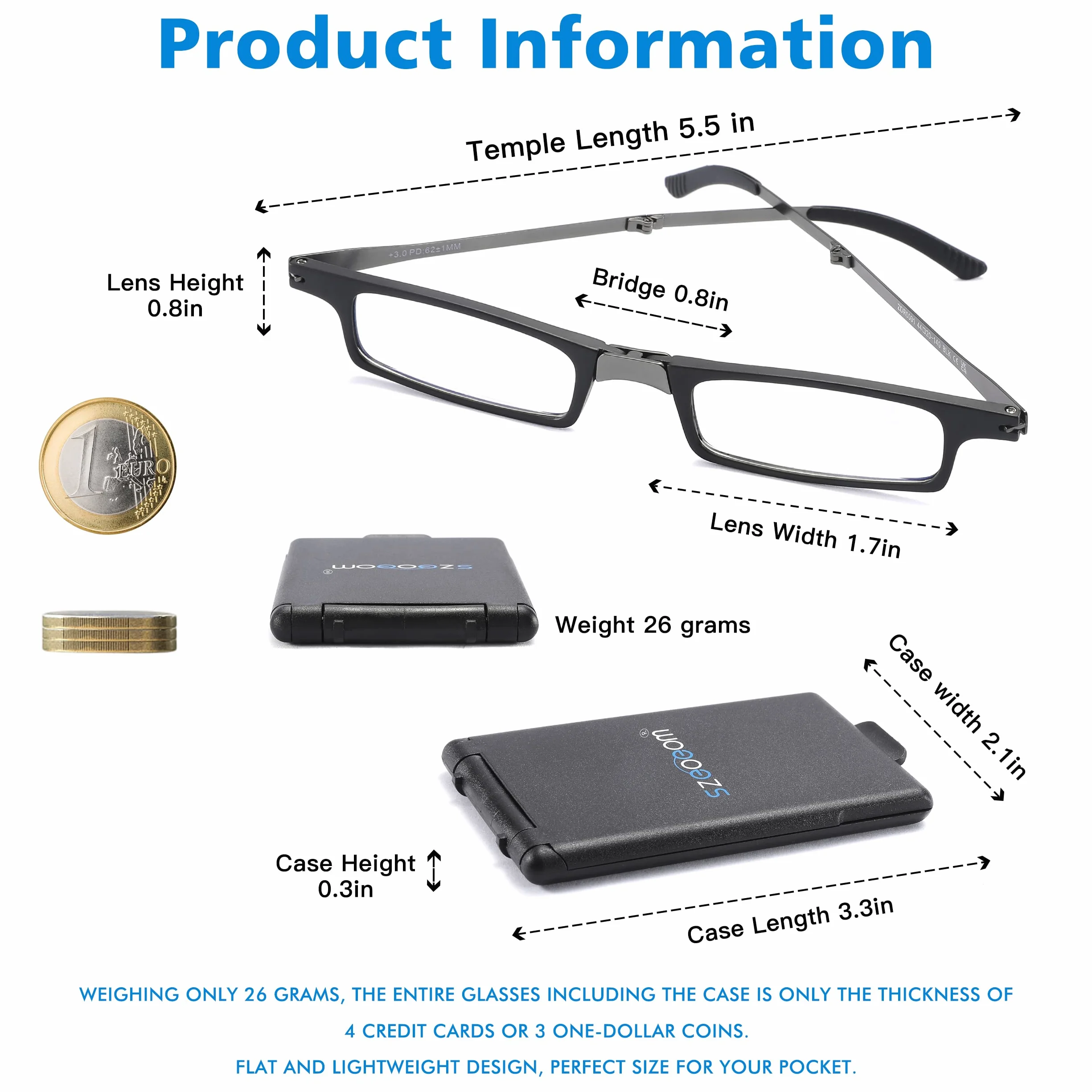 Ultra-cienkie składane okulary do czytania Ultralekkie składane czytniki-light dla mężczyzn kobiet Compact Travel Portable Rectangle Eyewear Case
