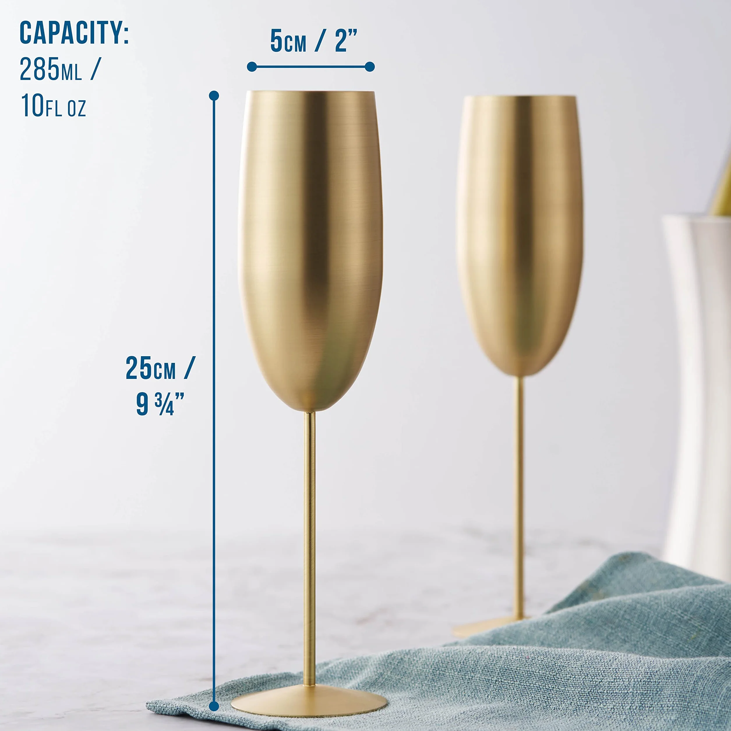 Dąb & Steel - 4 flety szampana ze stali nierdzewnej z pudełkiem prezentowym, 285ml - matowe złoto - eleganckie, solidne i niełamliwe - urodziny, wesela i Walentynki