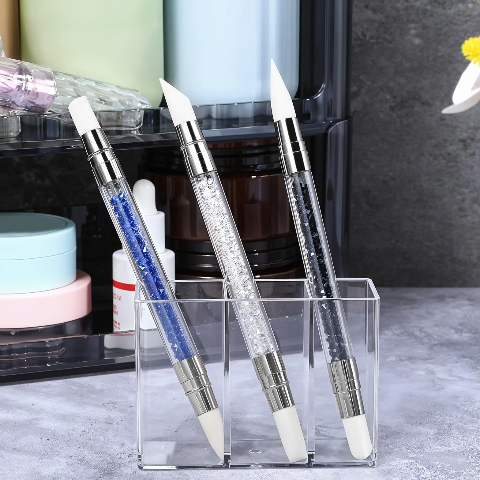 Silikonowe narzędzie do zdobienia paznokci, podwójna końcówka, silikonowa szczotka do paznokci, kryształ górski, do manicure, rzeźbienia, żelu, kształtowania, rysowania, folii, 3 szt