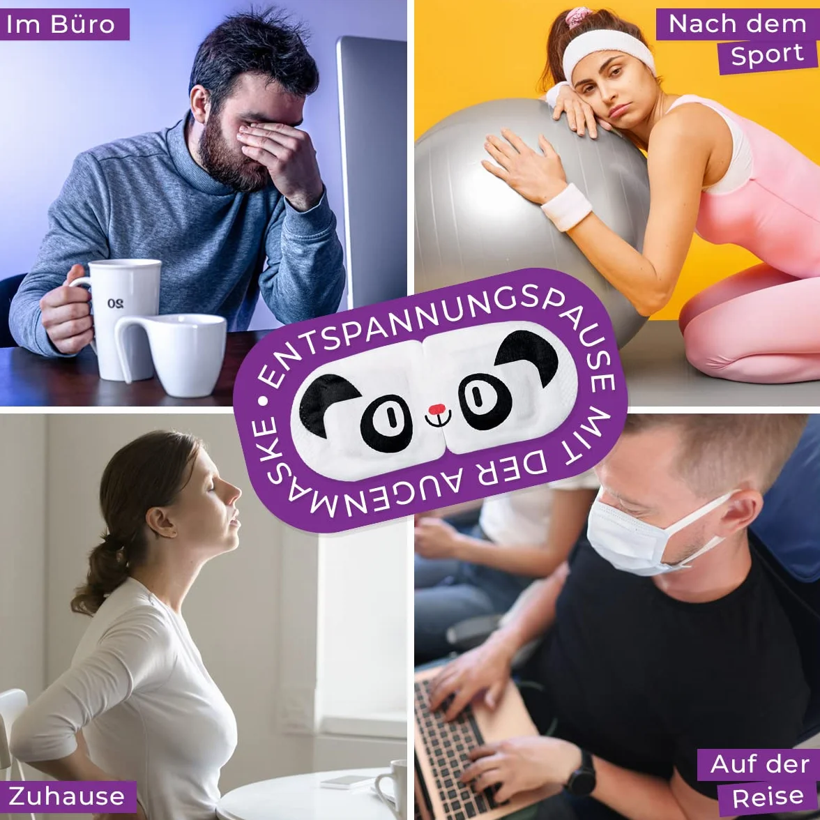Chillife 6 maseczek na oczy o zapachu lawendy I rozgrzewająca maska na oczy do relaksu, spa, wellness, pomaga przy suchych, opuchniętych oczach i ciemnościach, maska na oczy ze wzorem panda