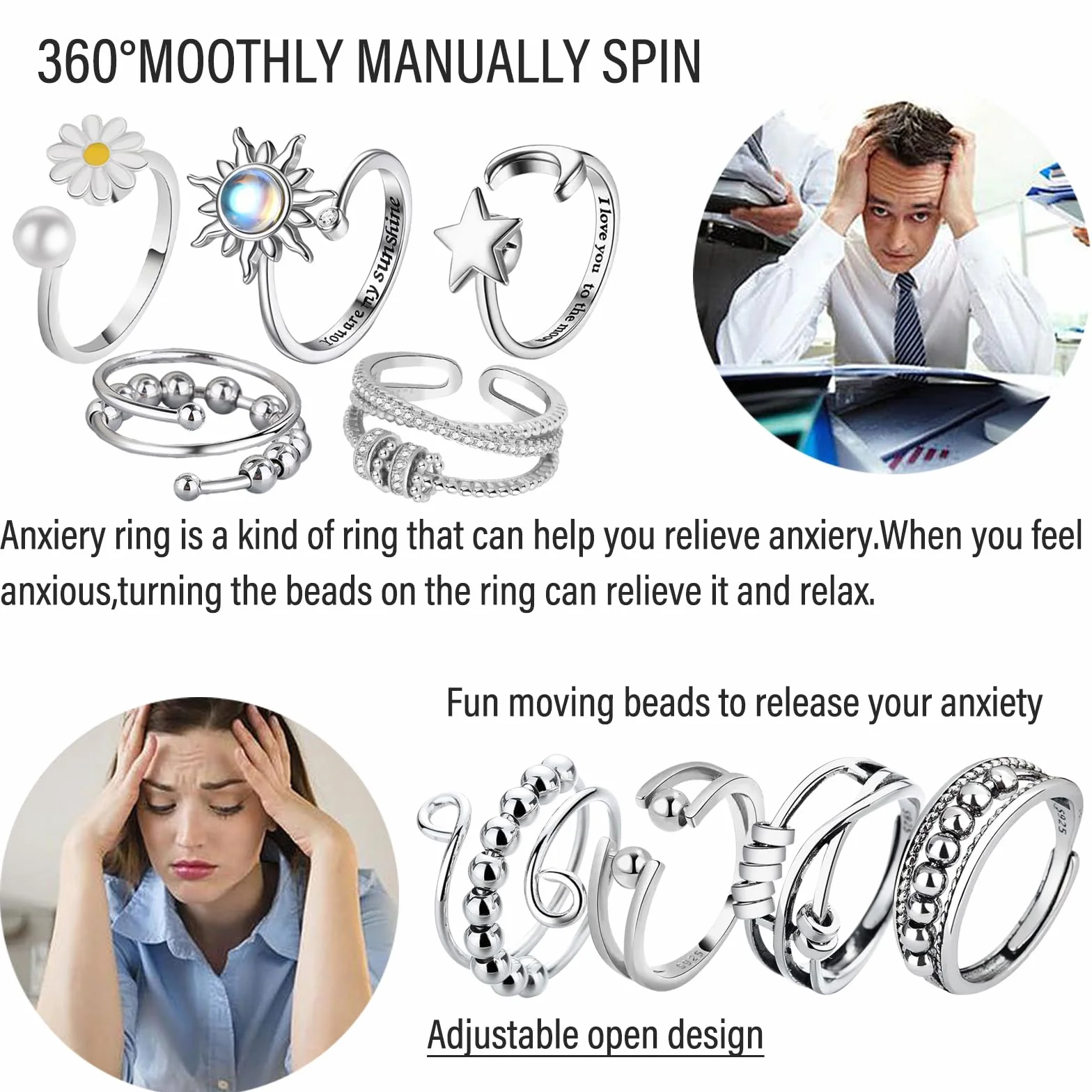 9 pierścionków antystresowych dla kobiet, pierścionki z koralikami, regulowane otwarte pierścienie, regulowane, otwarte pierścienie Fidget Ring, układane w stosy pierścionki antystresowe, dla