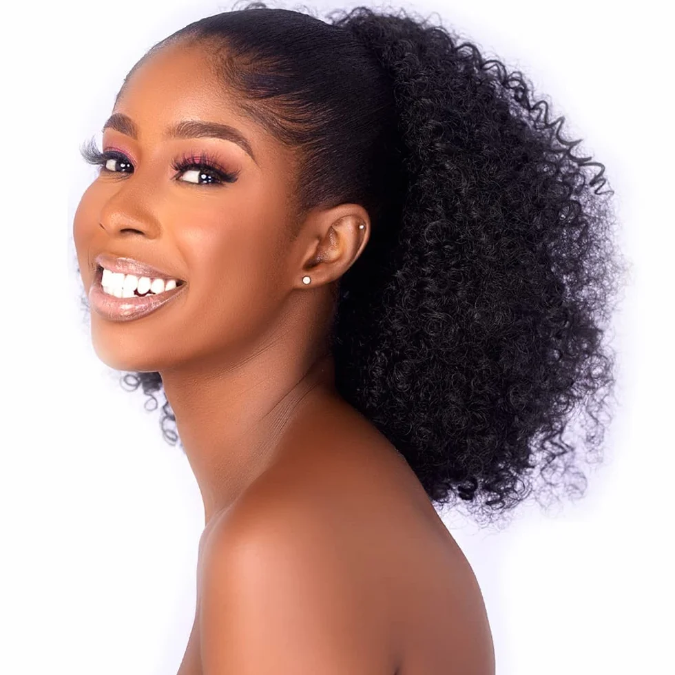 Syntetyczny kucyk typu Afro Puff, kręcony, z ściągaczem i dwoma klipsami, krótkie włosy typu kinky curly, doczepiany kok dla czarnoskórych kobiet, kolor 1B