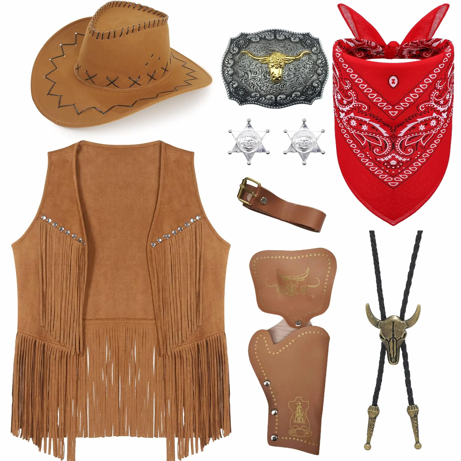 9-częściowy zestaw akcesoriów do kostiumu kowbojskiego dla mężczyzn, western, kowbojski, Cosplay, zestaw z kapeluszem, kamizelką z frędzlami, bandaną, kaburą, paskiem, bolo, klamrą, krawatem