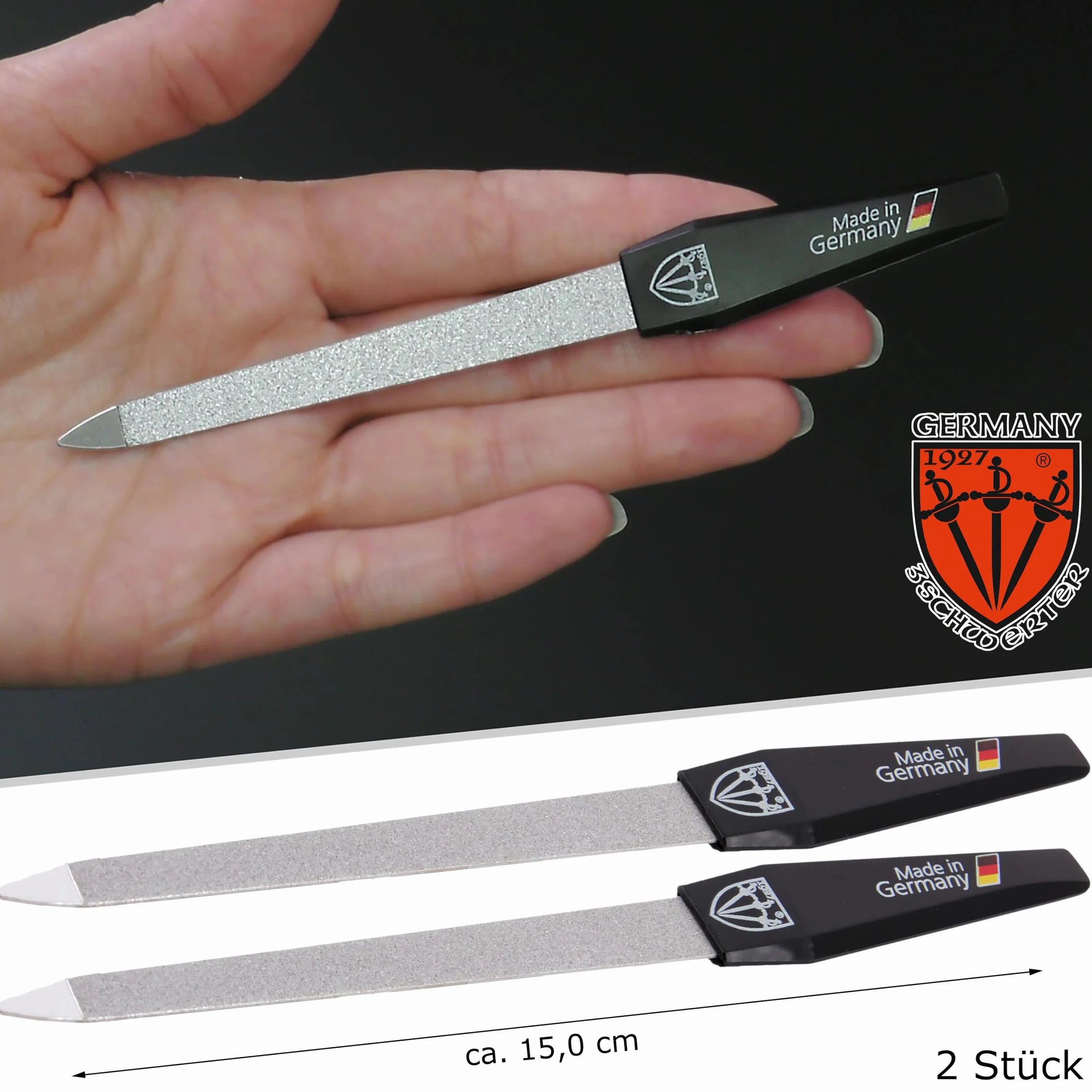 DREI SCHWERTER - Szafirowe pilniki do paznokci zestaw 2 + 1 | wysokiej jakości zestaw do manicure i pedicure, Made in Germany | Zawartość: 2 x szafirowy pilnik do paznokci i 1 x trójdrożna polerka do