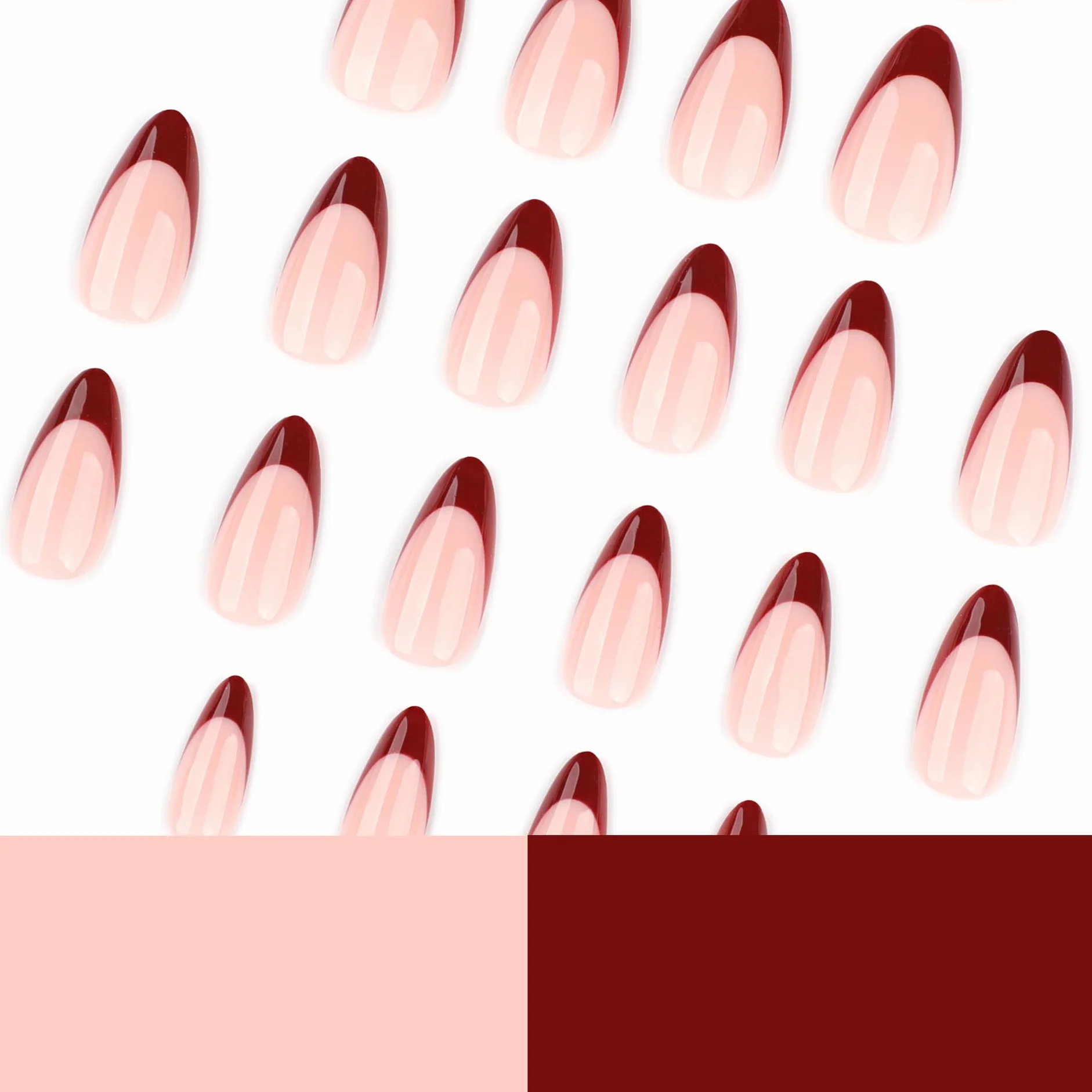 krótkie sztuczne paznokcie, czerwony migdał Burgundy French Design Short Glossy Press on Nails, Wine Red Tips Shiny Pure Colour Retro Chic Flair jesień zima INS Fake Nails