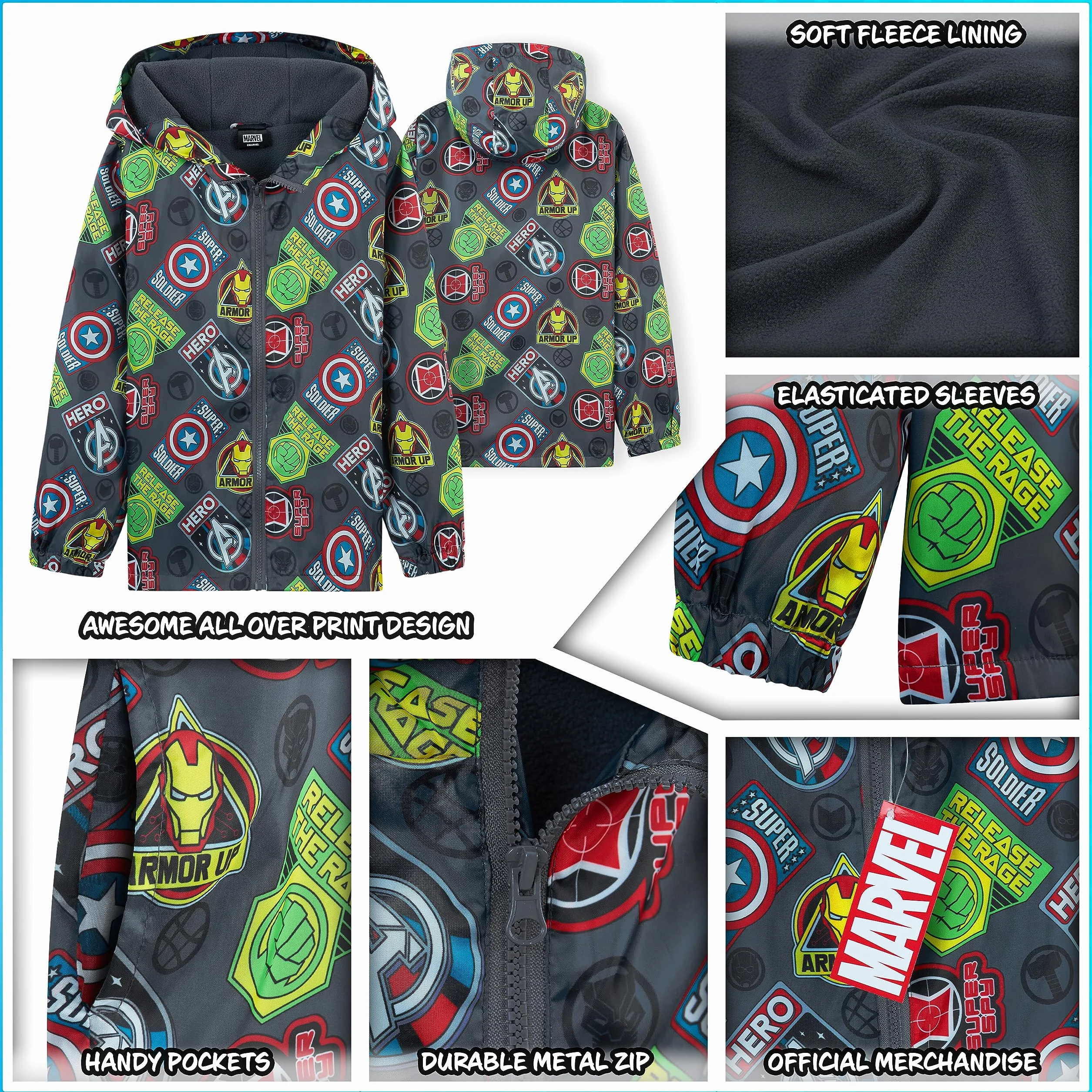 Marvel Chłopięca wodoodporna kurtka Avengers Spiderman, kurtka z kapturem, polarowa podszewka, płaszcz przeciwdeszczowy dla chłopców i nastolatków w wieku 4-14 lat