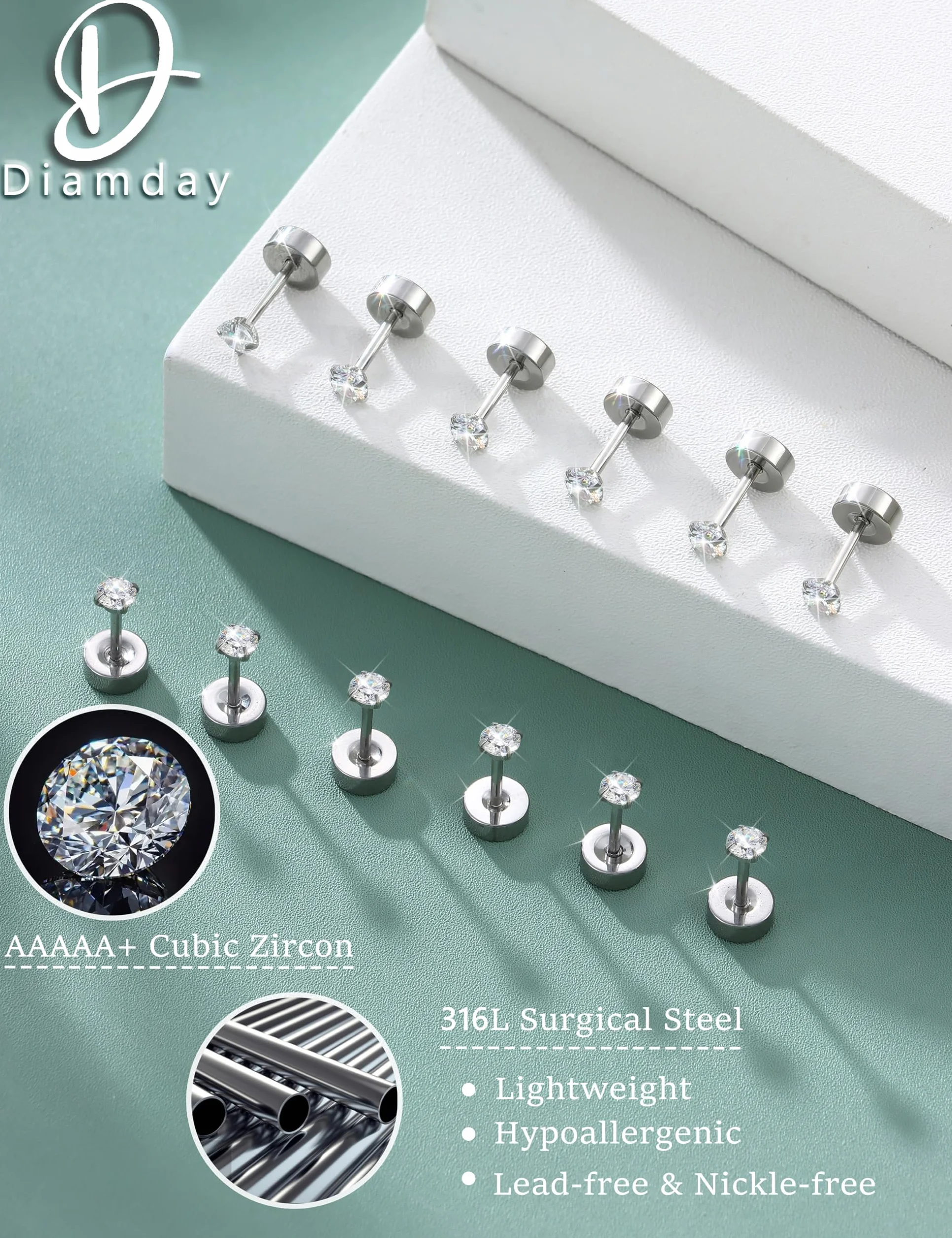 Diamday 6 par kolczyków do chrząstki 20 g dla kobiet mężczyzn dziewcząt 2-5 mm płaski tył zestaw kolczyków 316L stal chirurgiczna tragus CZ mała helix piercing biżuteria hipoalergiczna, Stal