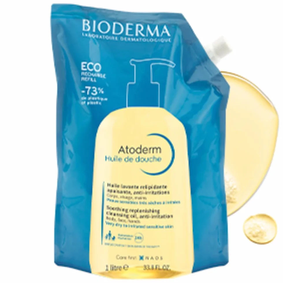Bioderma Atoderm Olejek pod prysznic, wkład do mycia twarzy i ciała, odżywiający skórę suchą i wrażliwą atopową, zapewnia miękkość i gładkość skóry dla całej rodziny, 100 ml płynu
