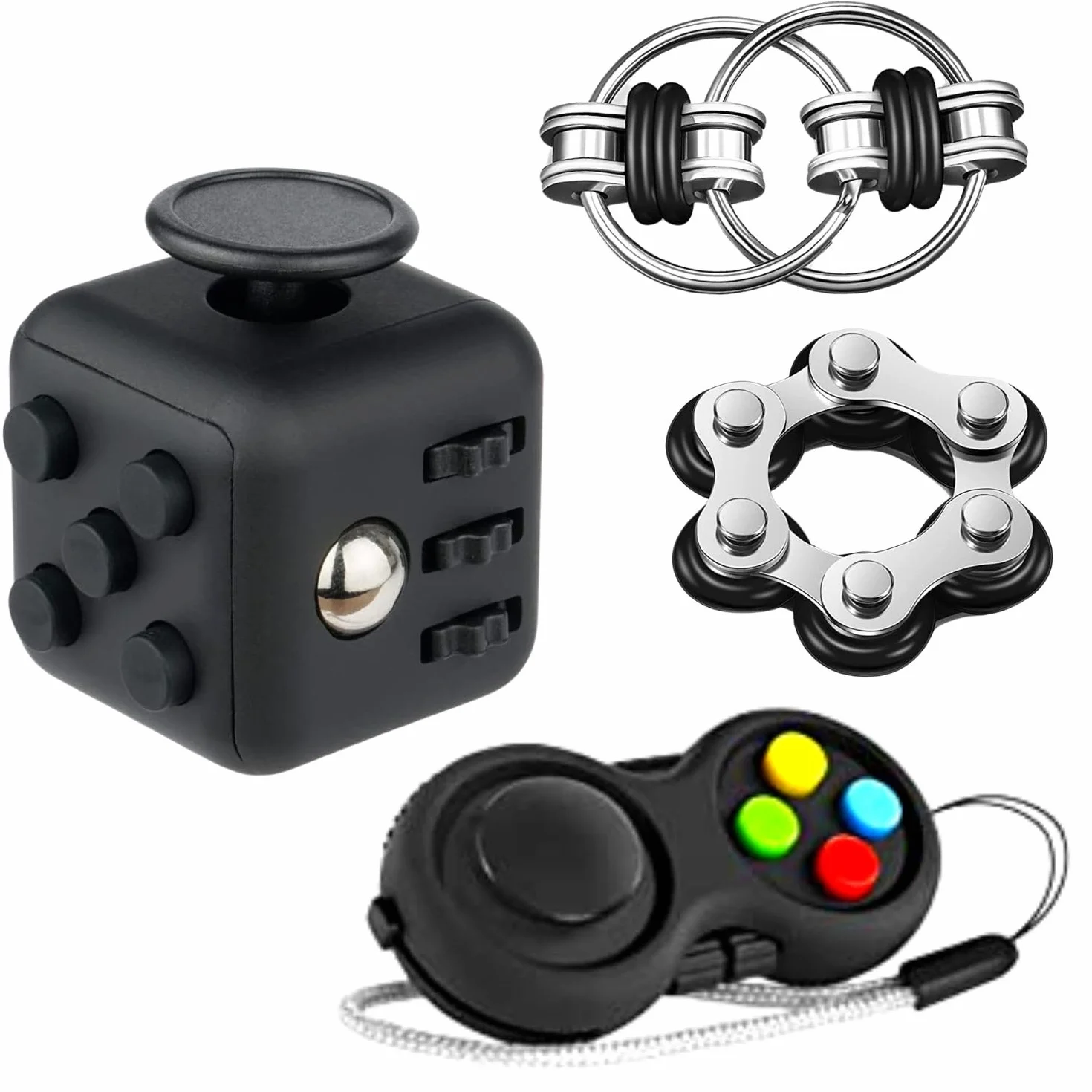 Yeefunjoy Fidget Toys zestaw 4 zabawek antystresowych, kontrolery Fidget Pad, sześć rolek i breloczków, antystresowe, dla dorosłych i dzieci (czarny)