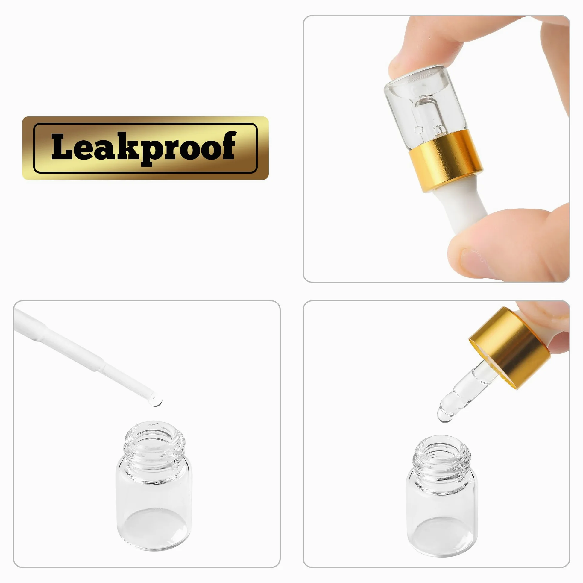 50 szt. mini szklanych buteleczek z kroplomierzem 2 ml – złote zakrętki, idealne na nalewki, olejki eteryczne, perfumy i płyny – z pipetą i lejkiem