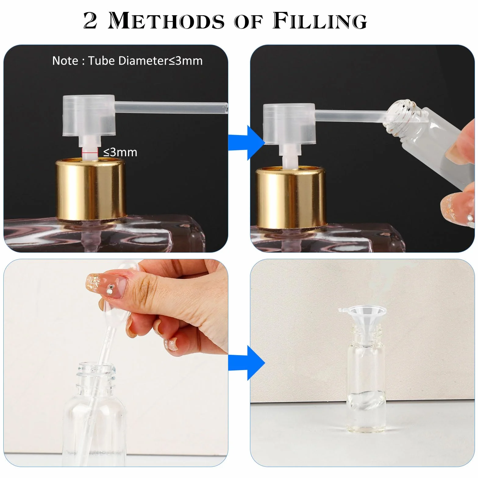 RVLZKCPG 50 sztuk mini rozpylaczy do perfum na podróże, 3 ml, wielokrotnego napełniania, z 3 pipetami, 3 lejkami, 3 dozownikami i 4 arkuszami etykiet do podróży i kempingu