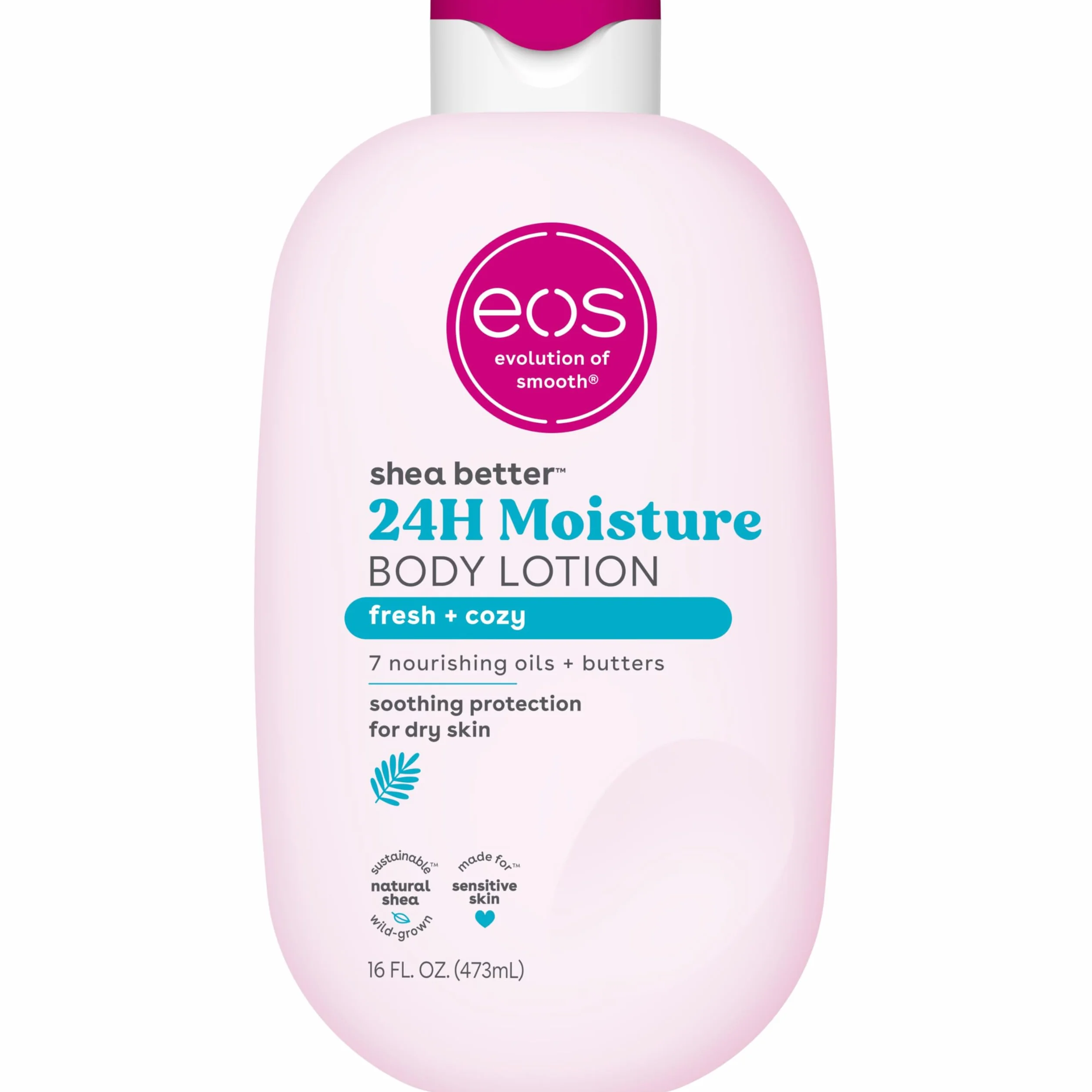 eos Shea Better balsam do ciała - Fresh & Cozy, nawilżający balsam do pielęgnacji skóry 24-godzinnej, lekki i nietłusty, wyprodukowany z naturalnej Shea, wegański, 473 ml