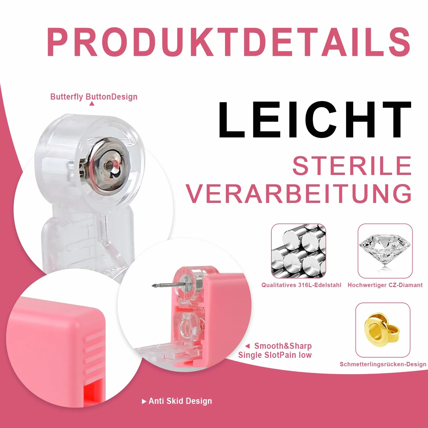 Voarge Pistolet do przekłuwania uszu, jednorazowy, sterylny, bezpieczny zestaw pistoletów do piercingu, piercing z zestawem do aseptyki