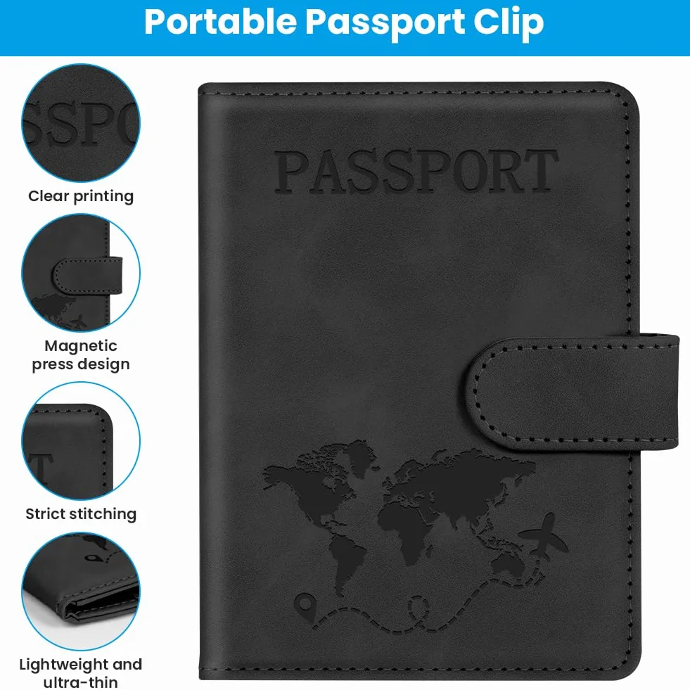 Etui na paszport, etui z portfelem, skóra PU, blokowanie RFID, etui na paszport, etui na paszport, karty kredytowe, wizytówki, Czarny - 1 szt