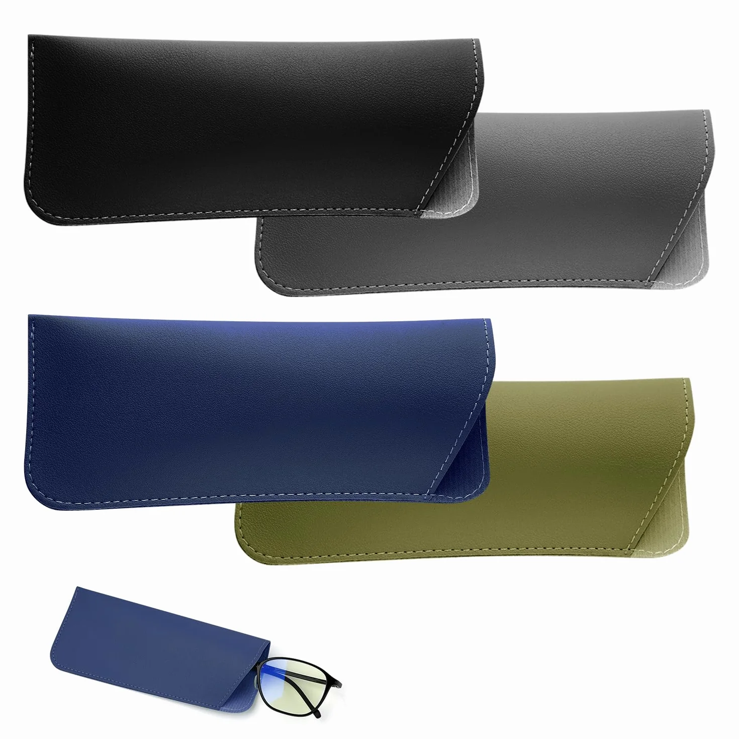 4szt Miekkie Etui na Okulary, 6,5x16cm Skórzany Pokrowiec na Okulary Etui na Okulary Przeciwsloneczne dla Kobiet Mezczyzn (Czarny, Ciemnoszary, Ciemnoniebieski, Zielony)
