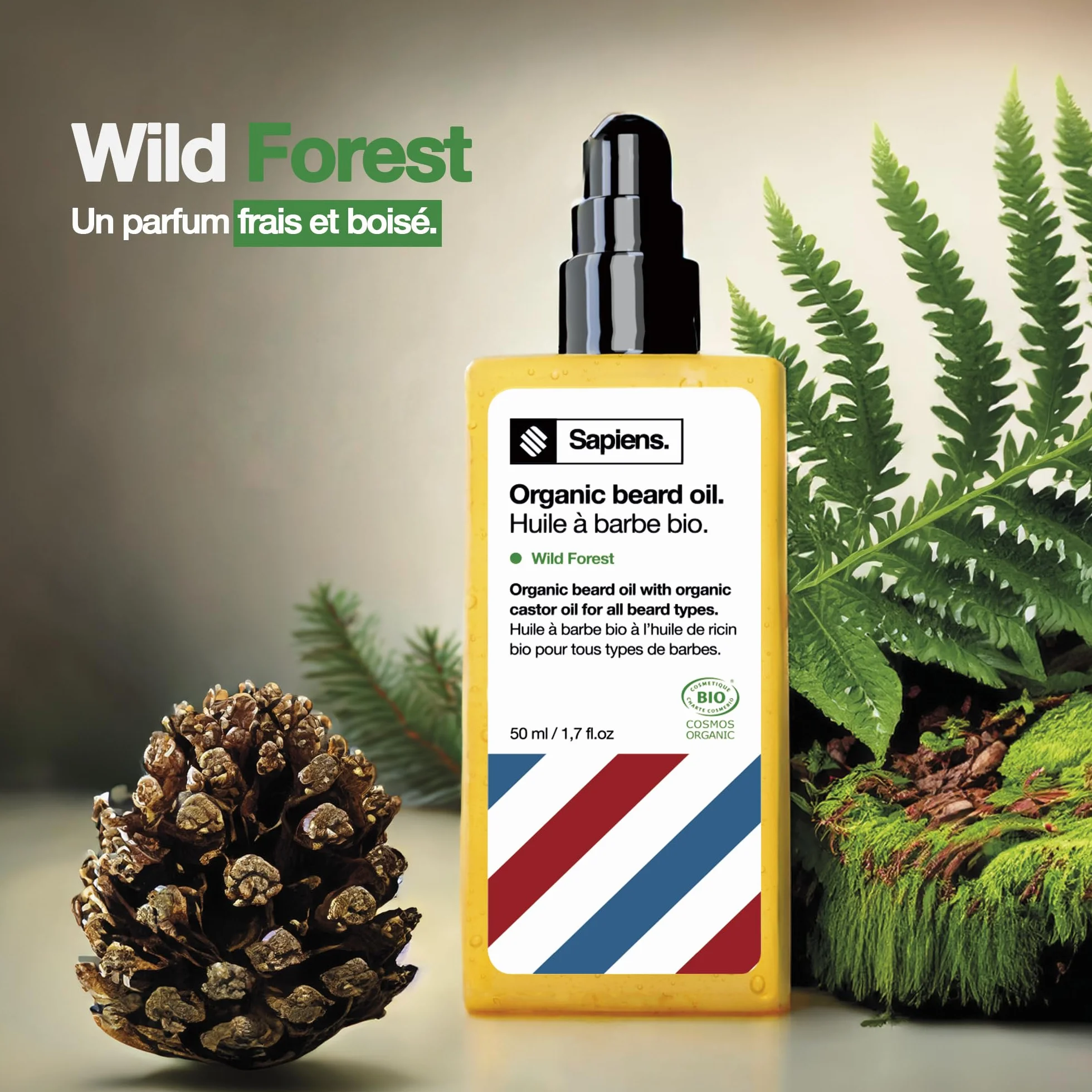 Sapiens Olejek do brody dla mężczyzn 50 ml – ekologiczny olejek do pielęgnacji brody Cosmos Organic certyfikowany z olejem rycynowym – olejek do brody, nawilża, odżywka do brody, dla mężczyzn