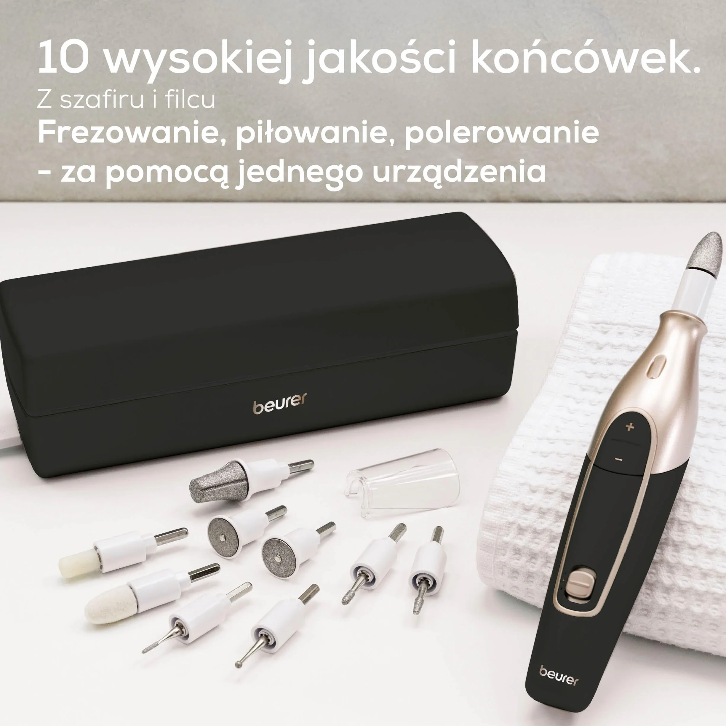 Beurer MP 84 Special Edition elektryczna frezarka do paznokci, zestaw manicure-pedicure, 10 nasadek, LED, etui, 4400 obr./min, czarny