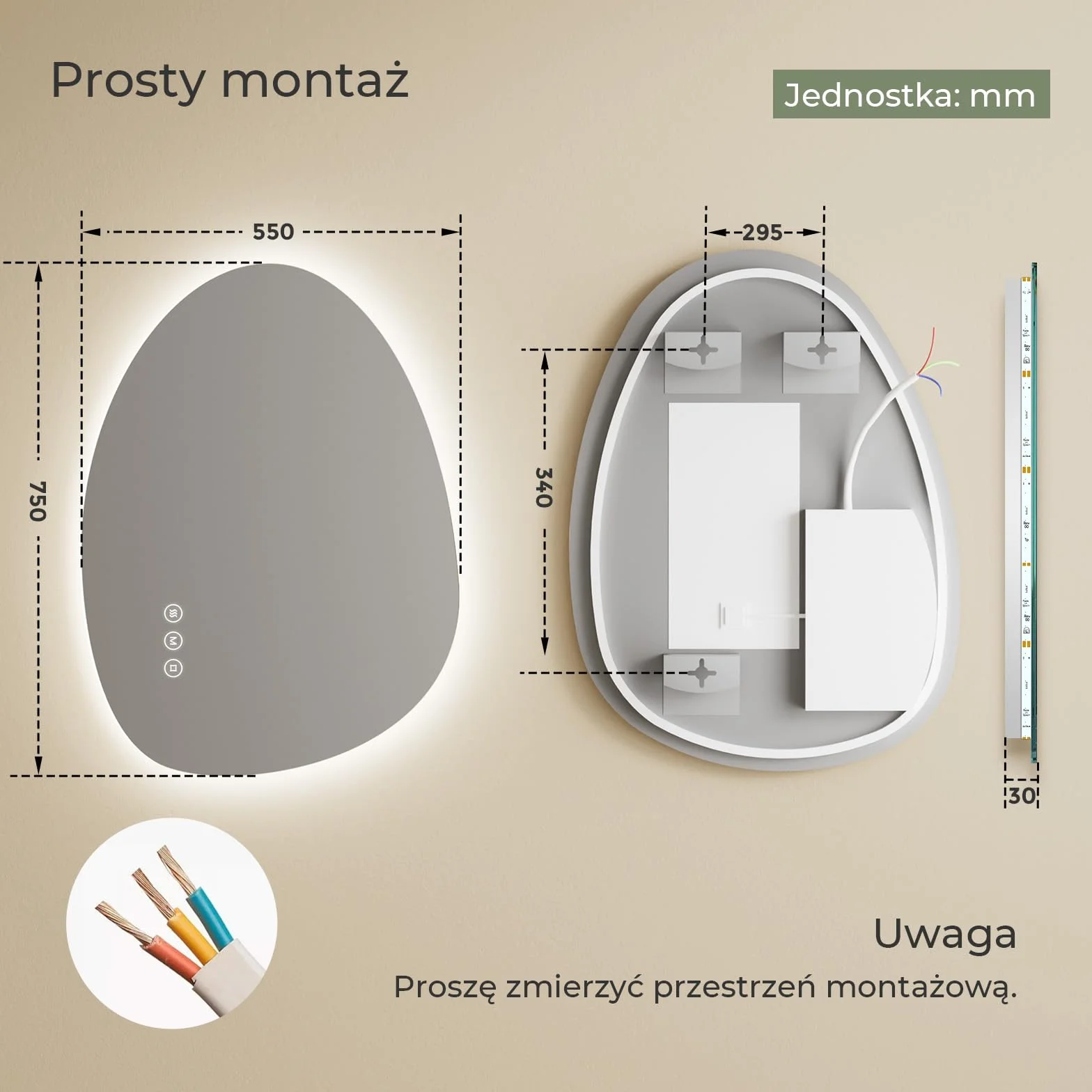 S'AFIELINA Asymetryczne Lustro łazienkowe LED, Lustro z oświetleniem LED 55x75 cm, Backlight, Antypara, 3000K/4000K/6500K, Ściemnialne, Funkcja pamięci, Sterowanie dotykowe, Montaż pionowy/poziomy