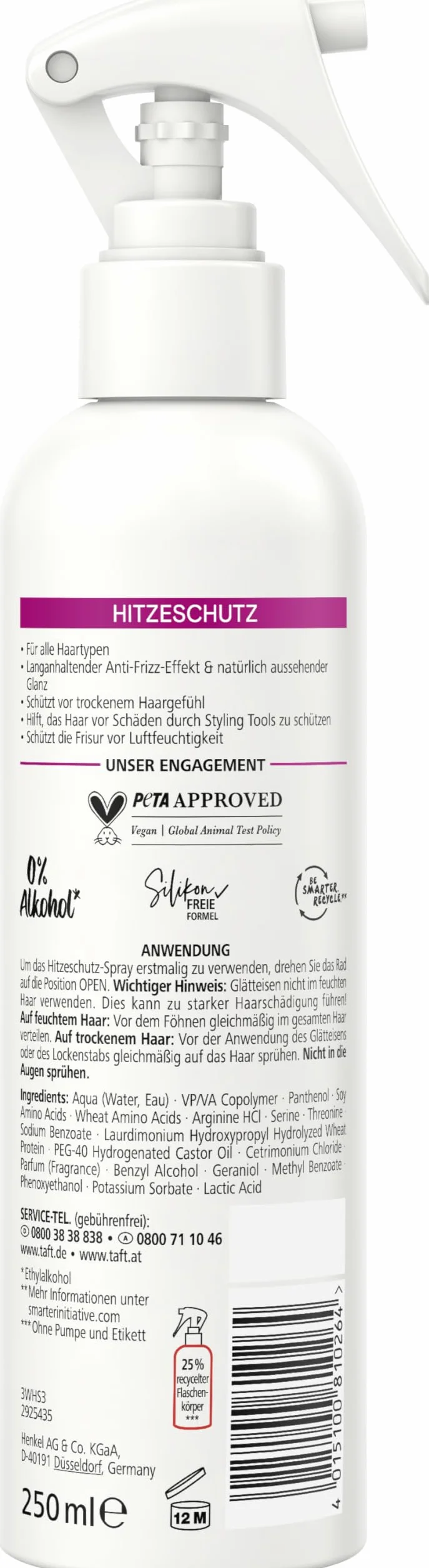 Schwarzkopf Taft spray chroniący przed wysoką temperaturą (250 ml), nadaje się do wszystkich narzędzi do stylizacji włosów, do wszystkich rodzajów włosów z efektem zapobiegającym mechaceniu się i