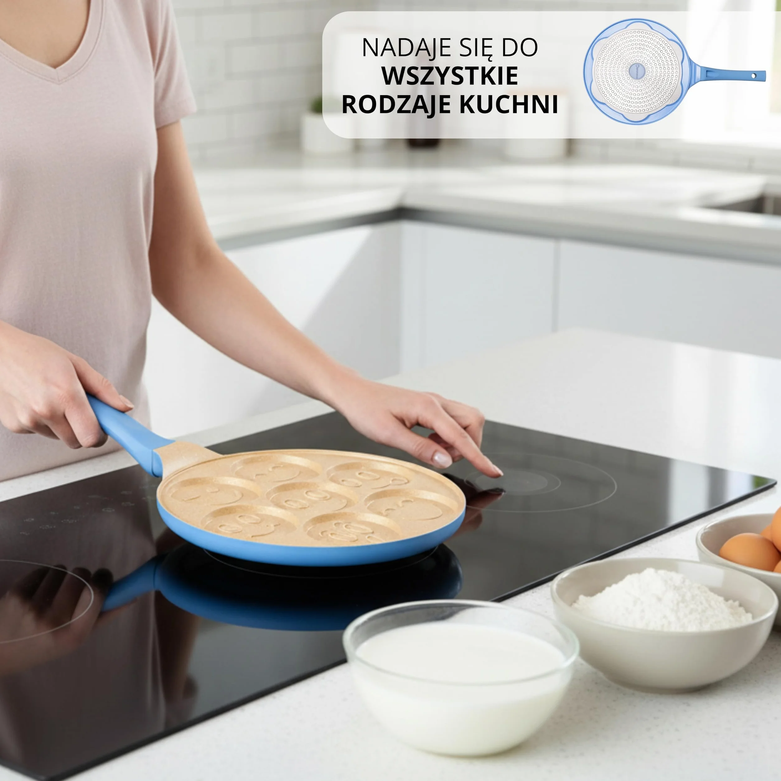 Erreke Patelnia do naleśników, nieprzywierająca, do wszystkich rodzajów kuchenek i płyt indukcyjnych, wesoły wzór dla dzieci i do gotowania, miękki uchwyt, 26 cm, kolor Niebieski.