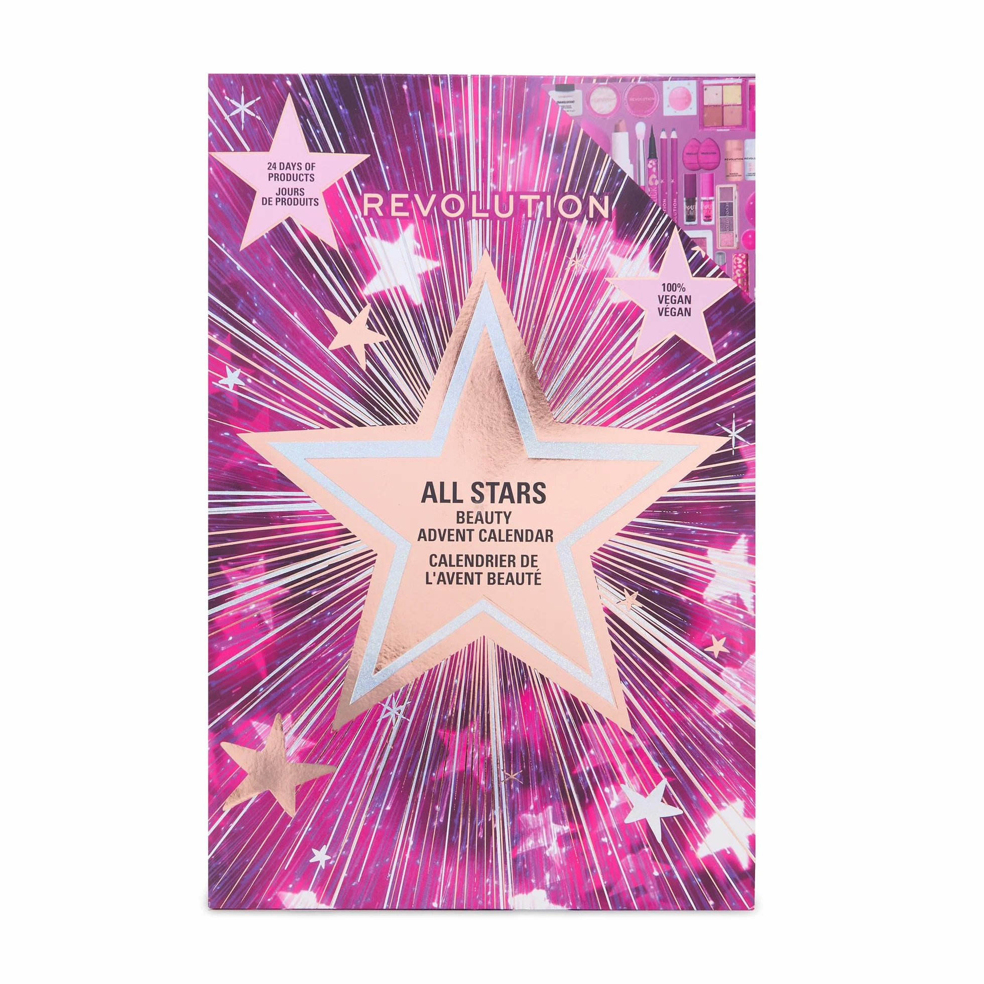 Revolution Makeup Adwent Calendar 2025, 24 niezbędne akcesoria kosmetyczne, zestaw upominkowy z błyszczykiem do ust, rozświetlaczem, różem, pędzlem i tuszem do rzęs, wegański, nietestowany na