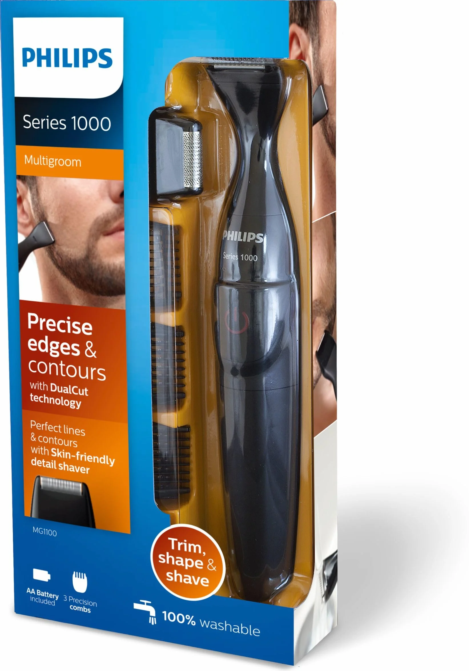 Philips Multigroom series 1000 MG1100/16, Niezwykle precyzyjny, trymer do brody, Precyzyjny trymer DualCut, Precyzyjna golarka, Możliwość mycia w wodzie, bateria AA, 3 precyzyjne nasadki