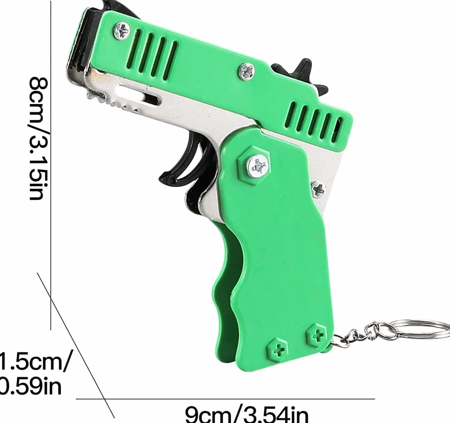 Mini pistolet na gumkę z metalu, składany, 6 strzałów z breloczkiem do kluczy i 60+ gumowymi taśmami, pistolet gumowy, mini metalowy składany brelok do kluczy, do strzelania, aktywności na świeżym
