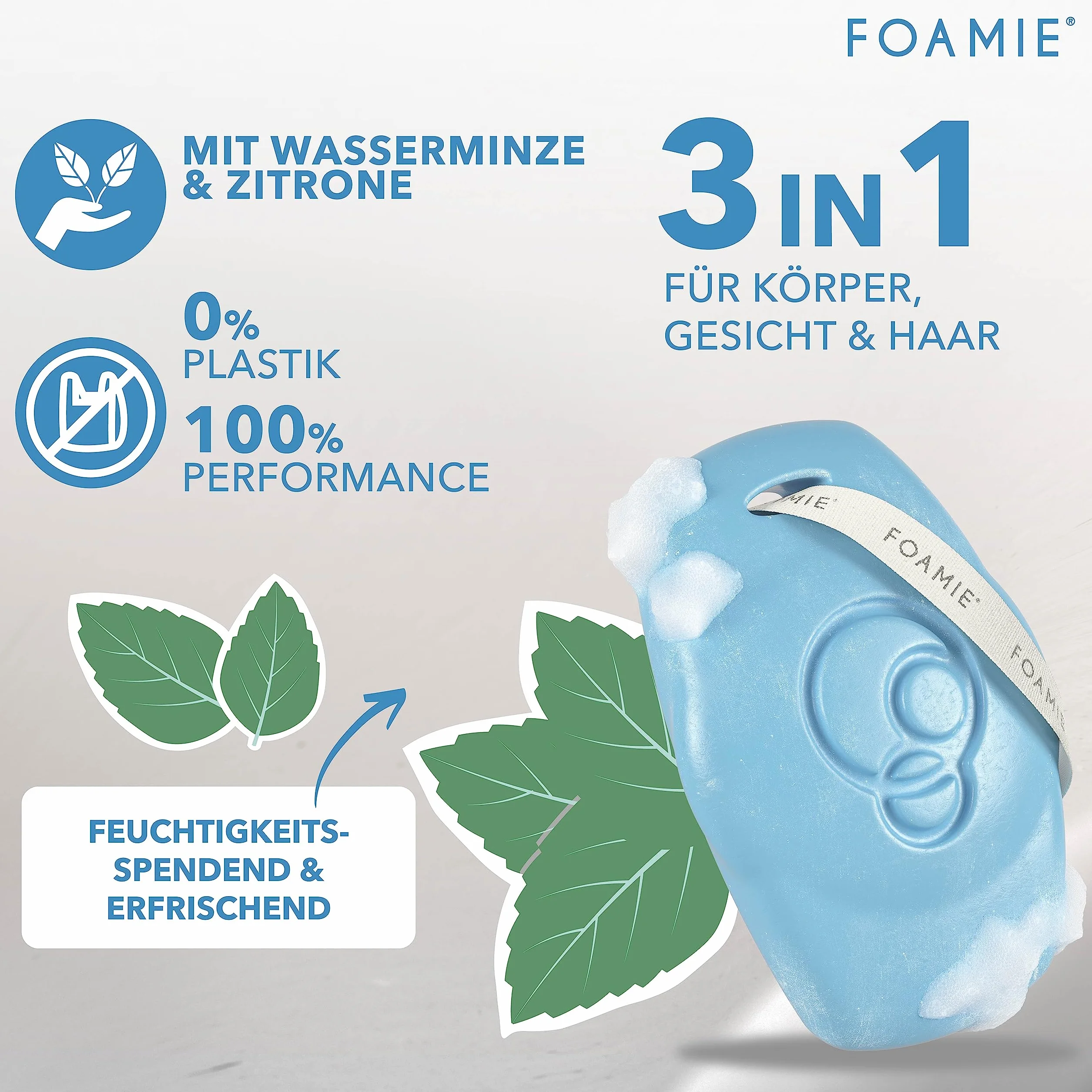 Foamie Men 3 w 1 stały żel pod prysznic i szampon, mięta wodna, cytryna, do ciała, twarzy i włosów, odświeżający zapach, delikatne czyszczenie i pielęgnacja, wegański, bez plastiku i neutralne pH, 90