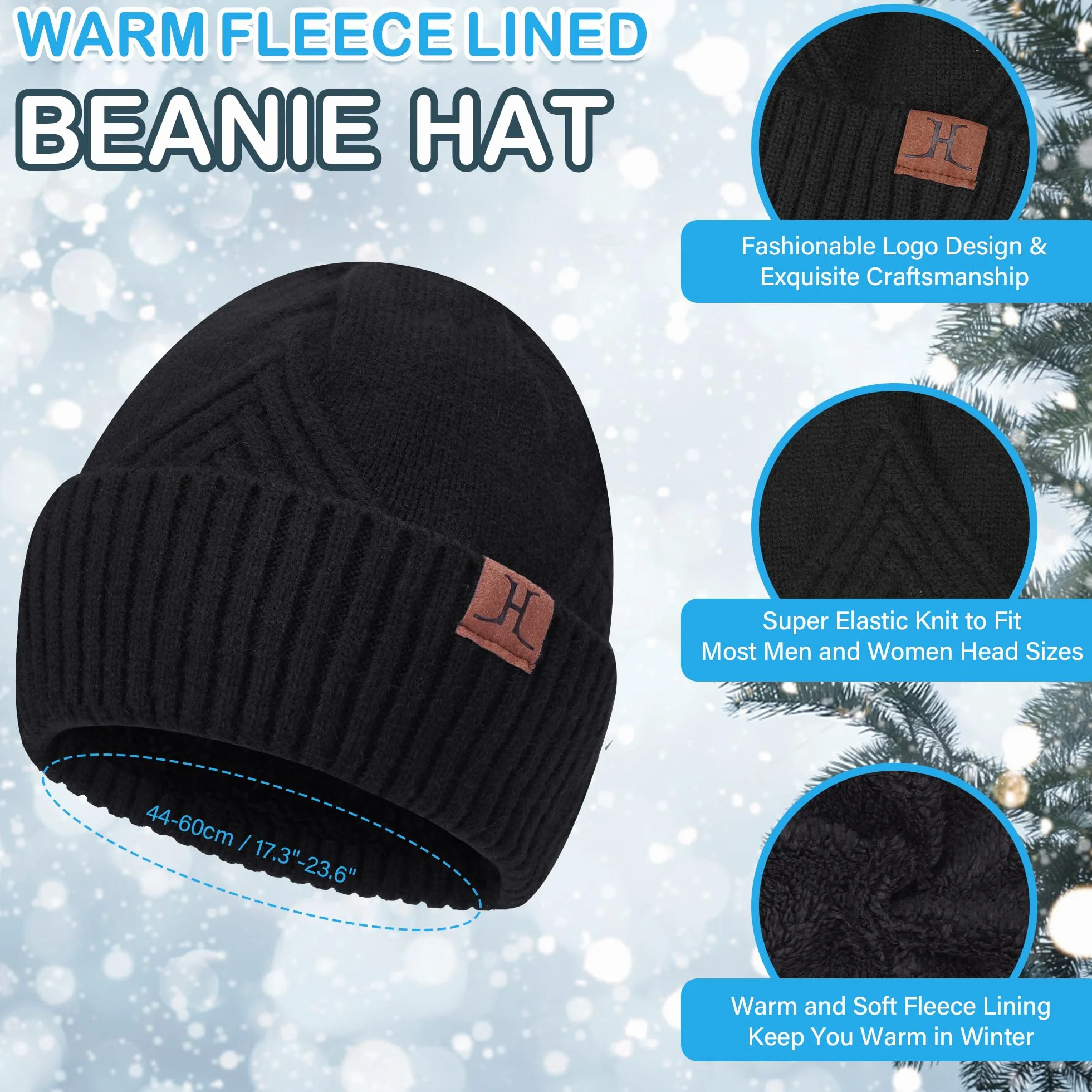 Bequemer Laden Męska zimowa ciepła czapka beanie, szal i ekran dotykowy, zestaw rękawiczek z polarem, czapka zimowa, komin, rękawiczki zimowe, Z czarny., jeden rozmiar