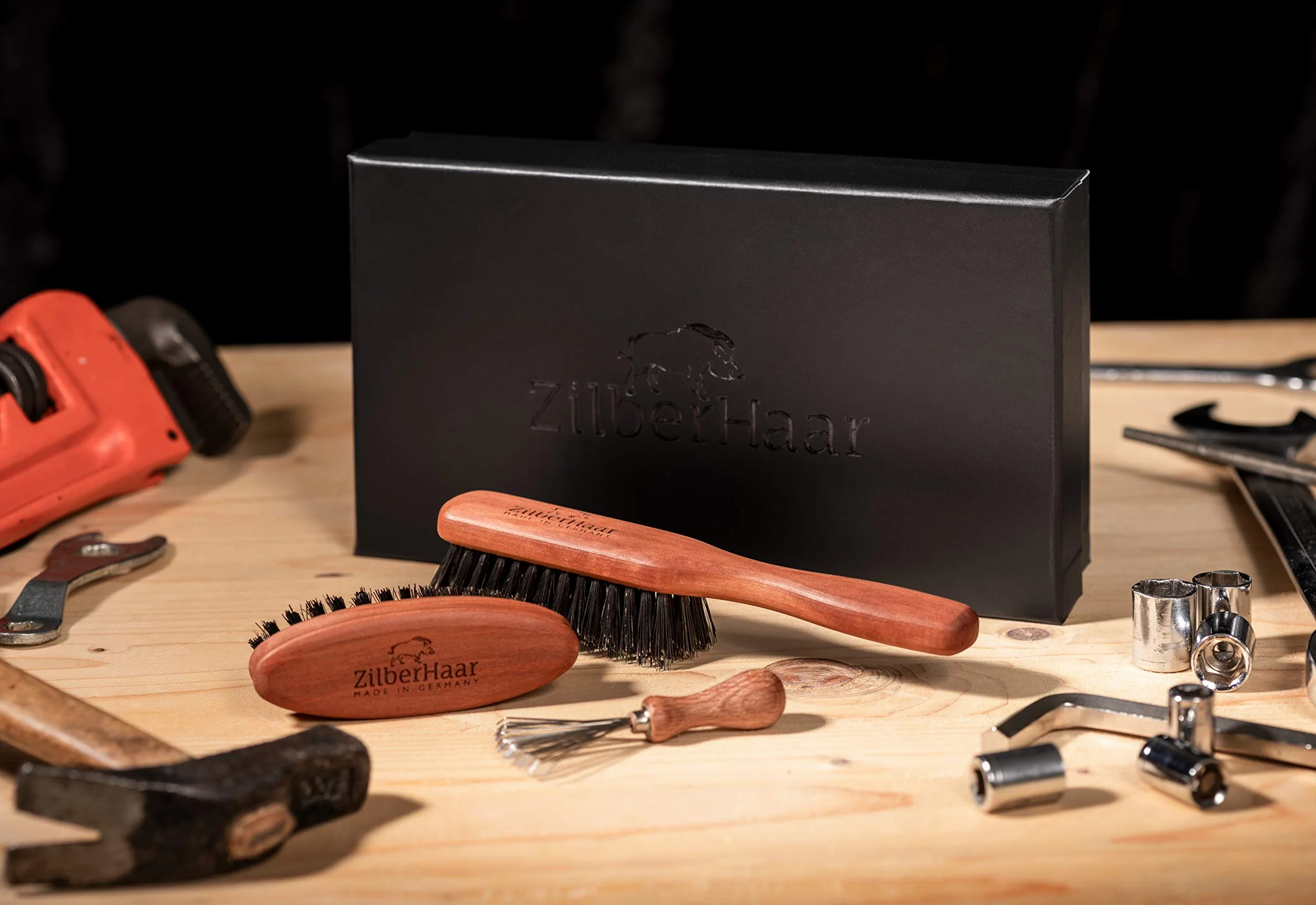 ZilberHaar Bartbürsten-Set mit steifen Borsten - Original-Bartbürste - Taschen-Bartbürste - inkl. Bartbürsten-Reinigungswerkzeug