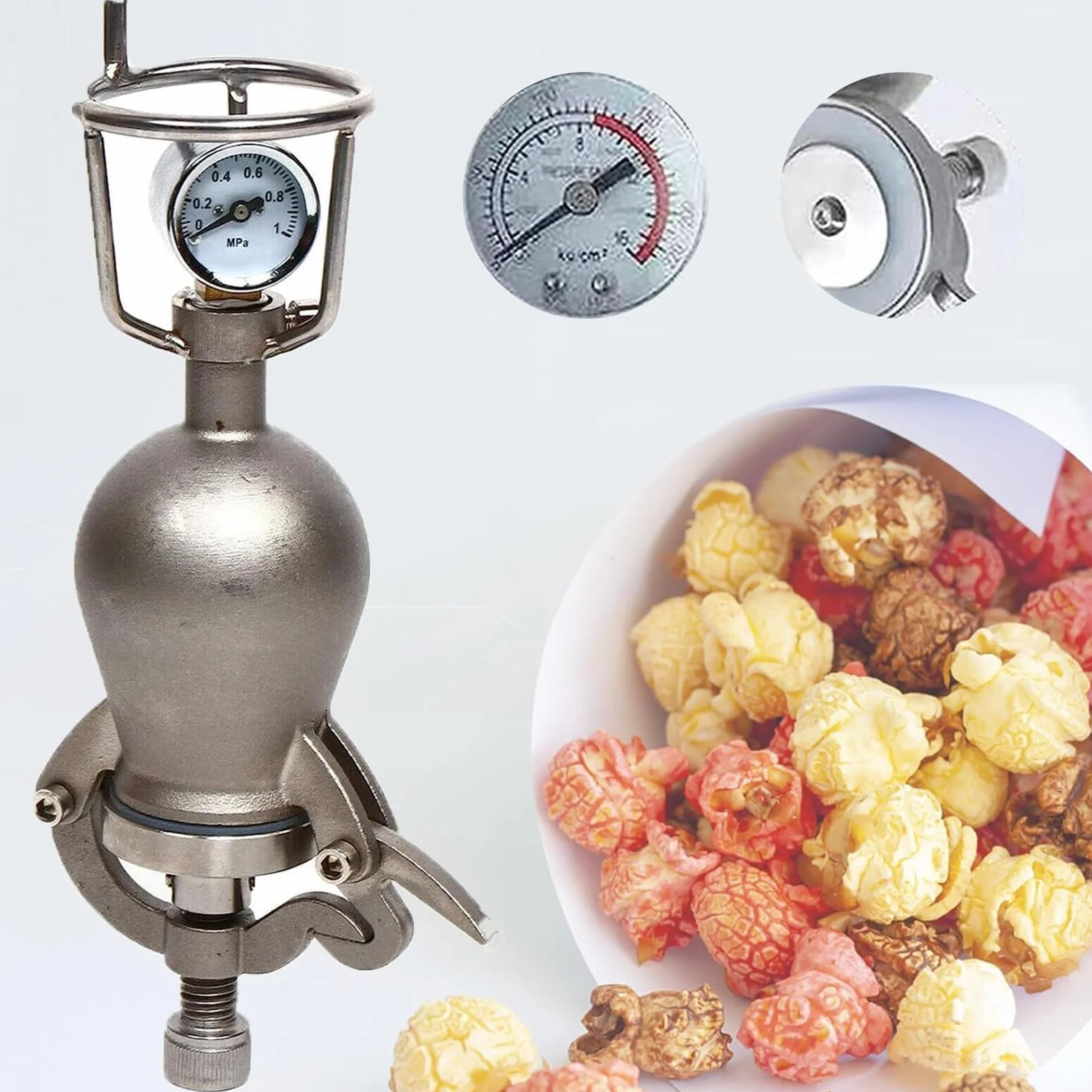Armata do popcornu, tradycyjna chińska maszynka do popcornu, mały ręczny przyrząd do robienia popcornu ze stali nierdzewnej 304, z ciśnieniomierzem, na imprezę na spotkaniach rodzinnych (300 ml)