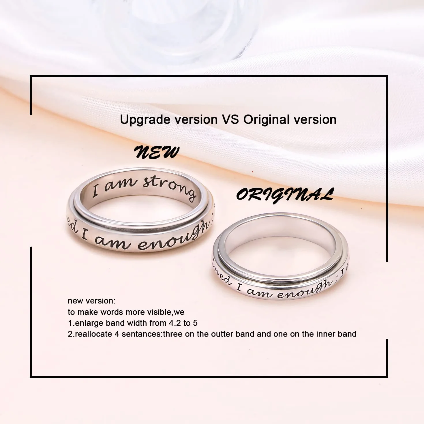 I am Enough Spinner Ring pierścionek ze srebra wysokiej próby 925, antystresowy, antystresowy, ADHD, autyzm