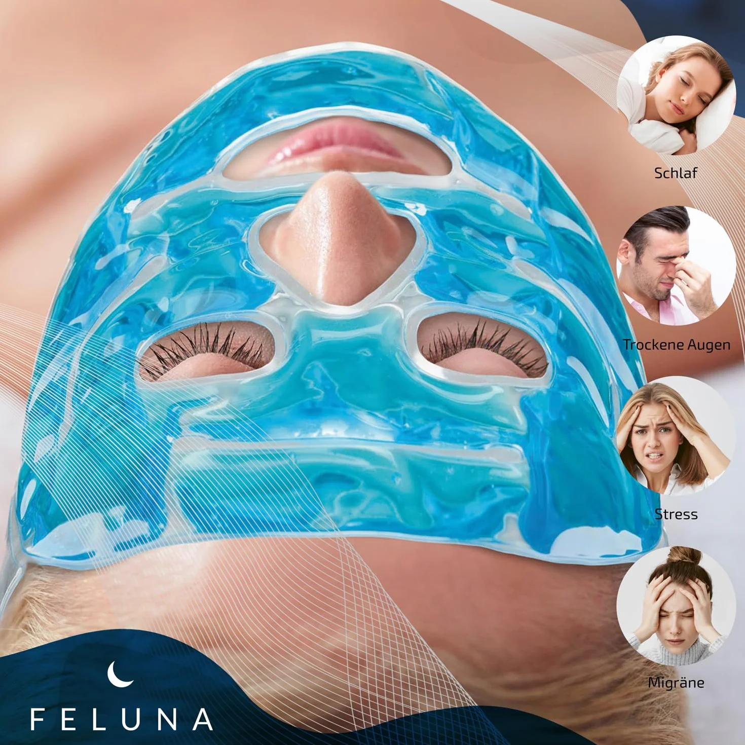 Feluna® Żelowa maseczka relaksująca na twarz, Maseczka wellness do terapii zimnem, Maska chłodząca na oparzenia słoneczne i alergie, Maska relaksująca na migrenę i ból głowy (maska na twarz)