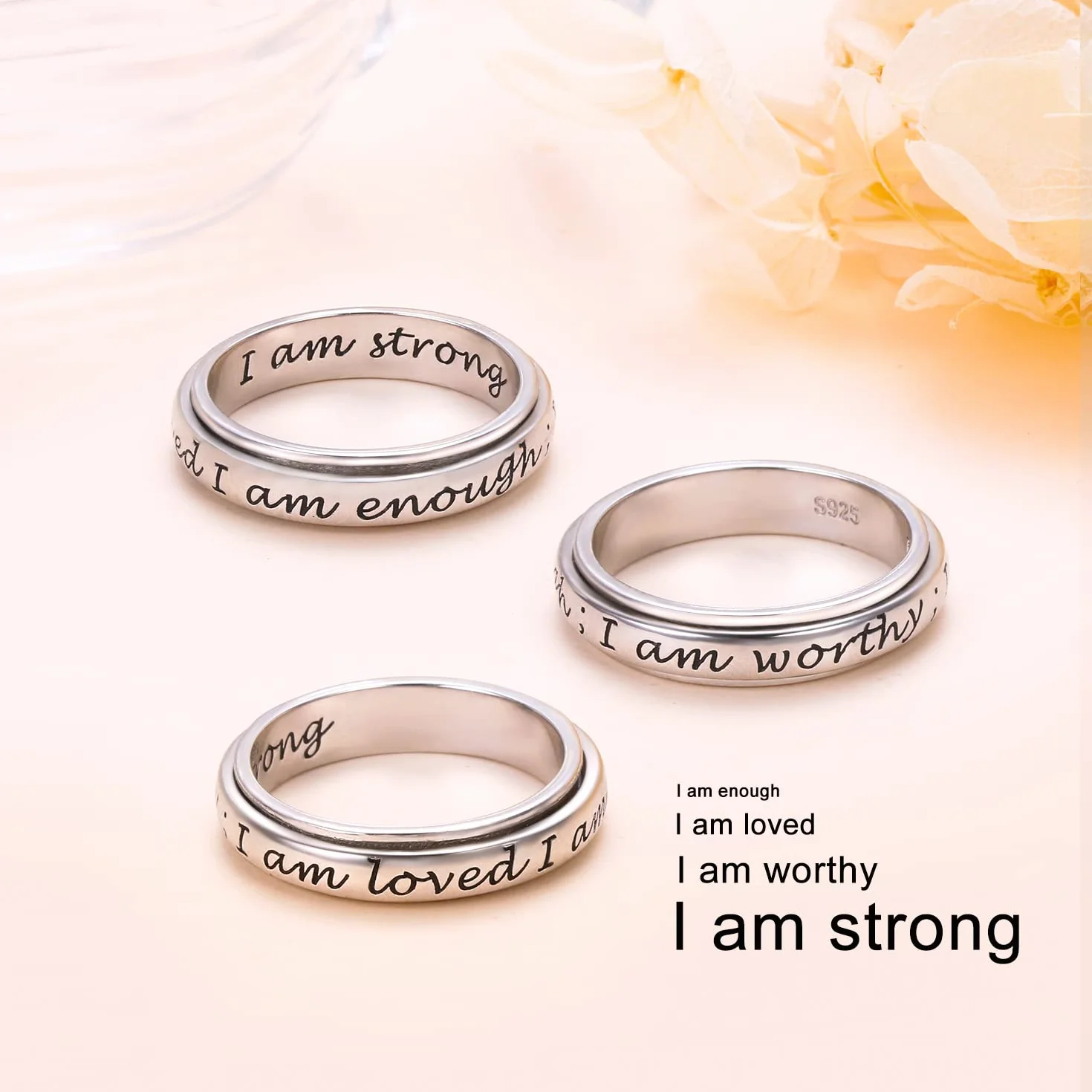 I am Enough Spinner Ring pierścionek ze srebra wysokiej próby 925, antystresowy, antystresowy, ADHD, autyzm