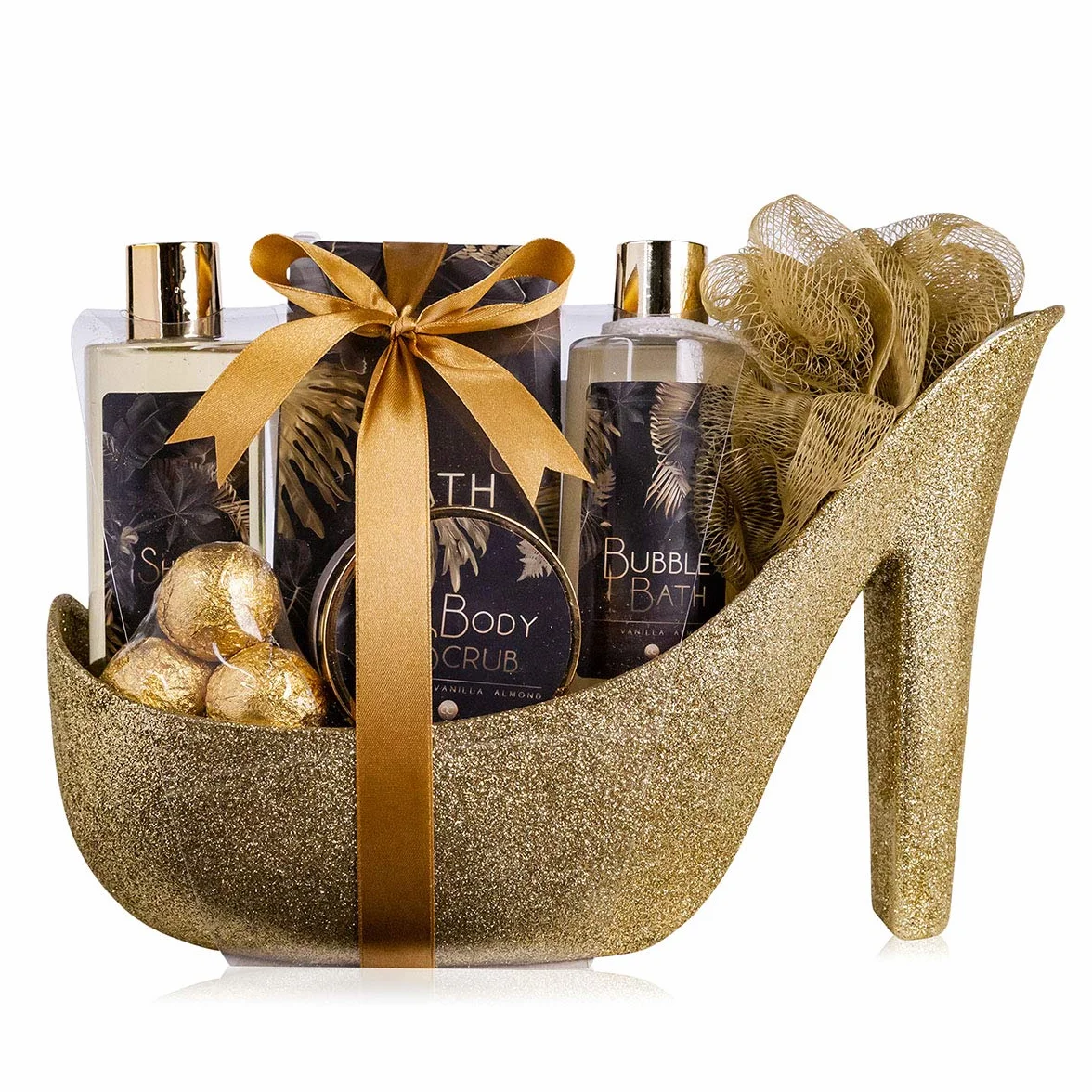 accentra Luxury Bath Set Gift Set w pięknych złotych brokatowych pompkach, 9-częściowy luksusowy zestaw pielęgnacyjny zestaw pod prysznic - dla relaksującego doświadczenia SPA