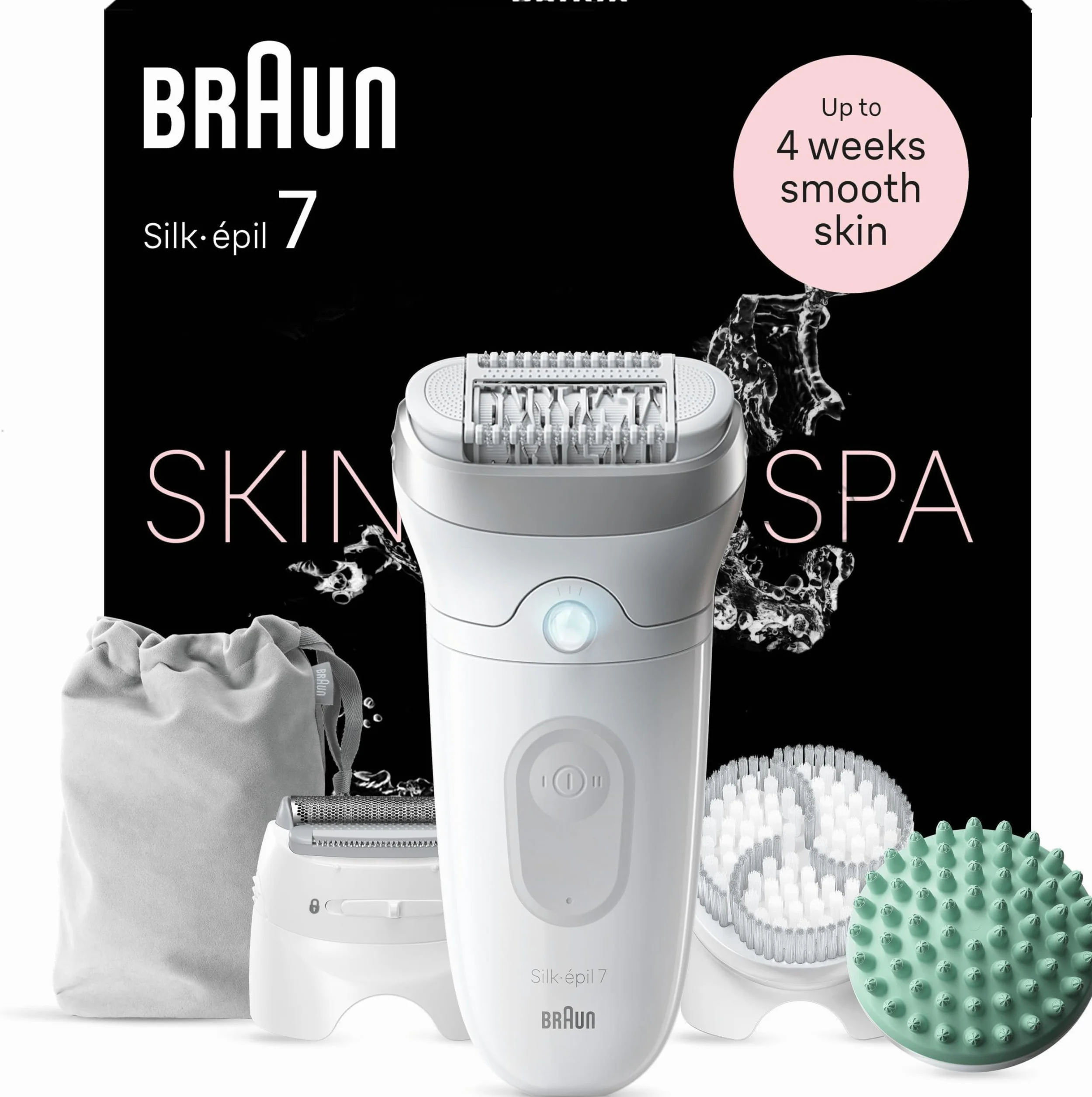 Braun Silk-épil 7 SkinSpa zestaw All-In-One, depilator dla kobiet/depilator do długotrwałego usuwania włosów, nasadka do golenia, nasadka do masażu, 7-081, biały/srebrny
