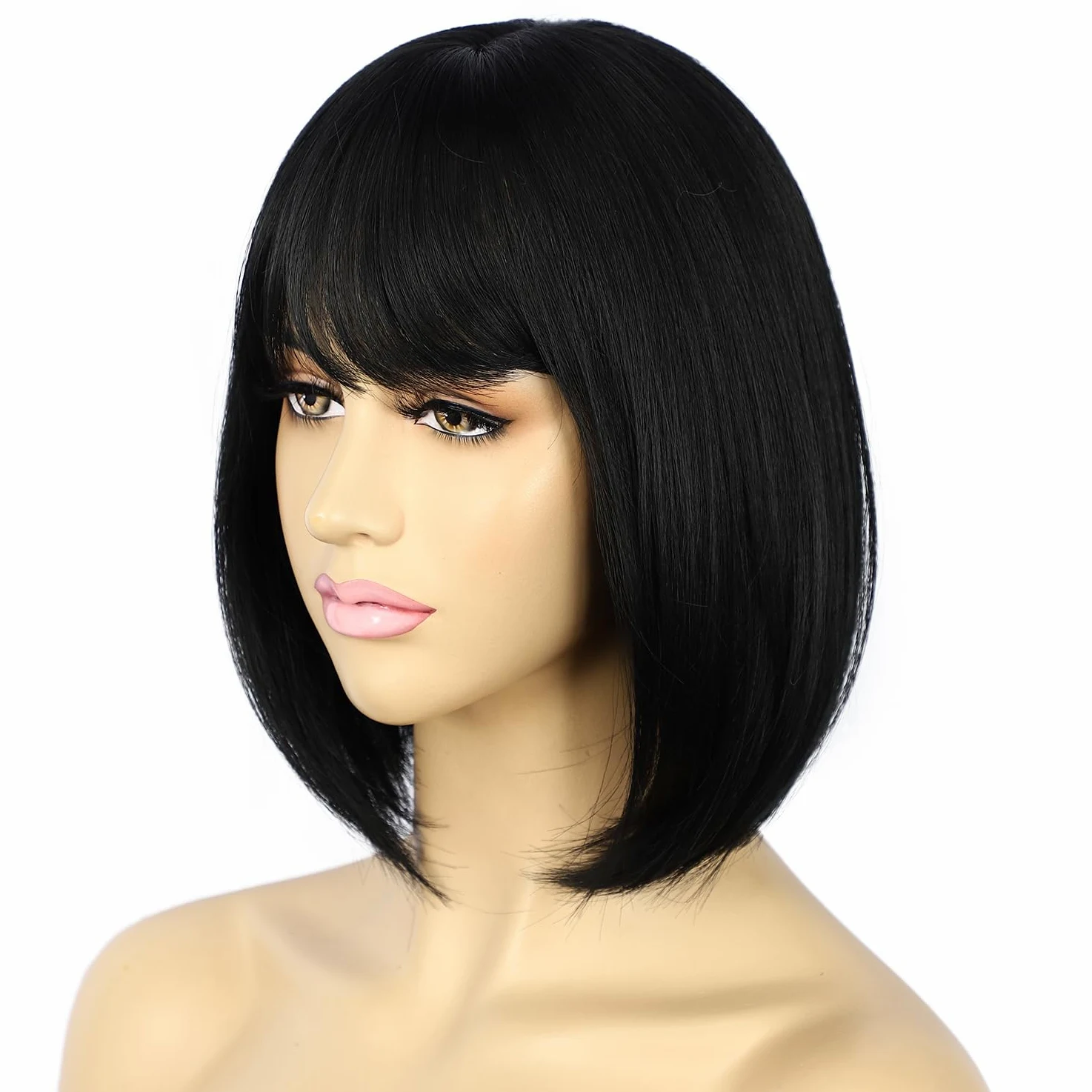 Sapphirewigs Czarne peruki bob dla kobiet z grzywką, krótka, naturalnie wyglądająca, 30 cm