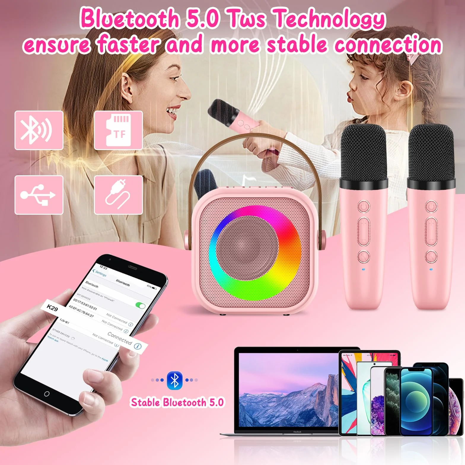 Mikrofon do karaoke dla dzieci, bezprzewodowy Bluetooth, zmieniacz głosu, światła LED, idealny dla dziewczynek w wieku 3 lat