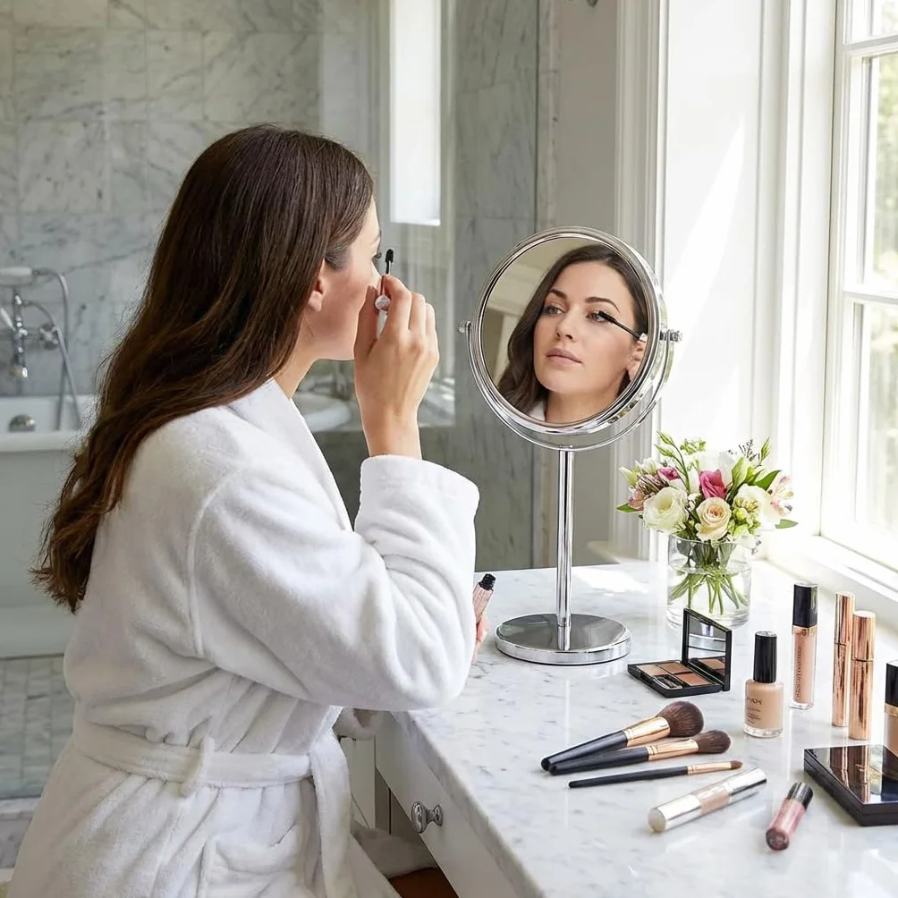 MIRRORVANA Lustro powiększające x10, okrągłe lusterko do łazienki, lusterko stołowe do makijażu z obrotem 360, lusterko powiększające na stojaku 10 razy i 1 raz, 18cm