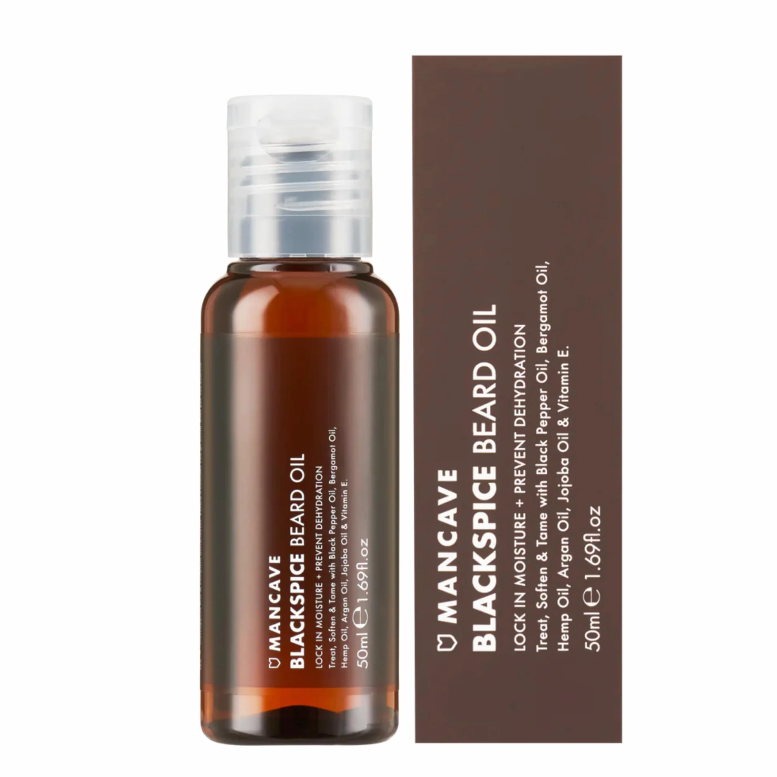 ManCave Blackspice Olejek do Brody dla Mężczyzn, 50 ml, Naturalne Składniki, Wegański i Cruelty-Free, Zmiękczający Olejek do Brody z Olejem Arganowym, Bergamotowym i Konopnym, dla Mężczyzn