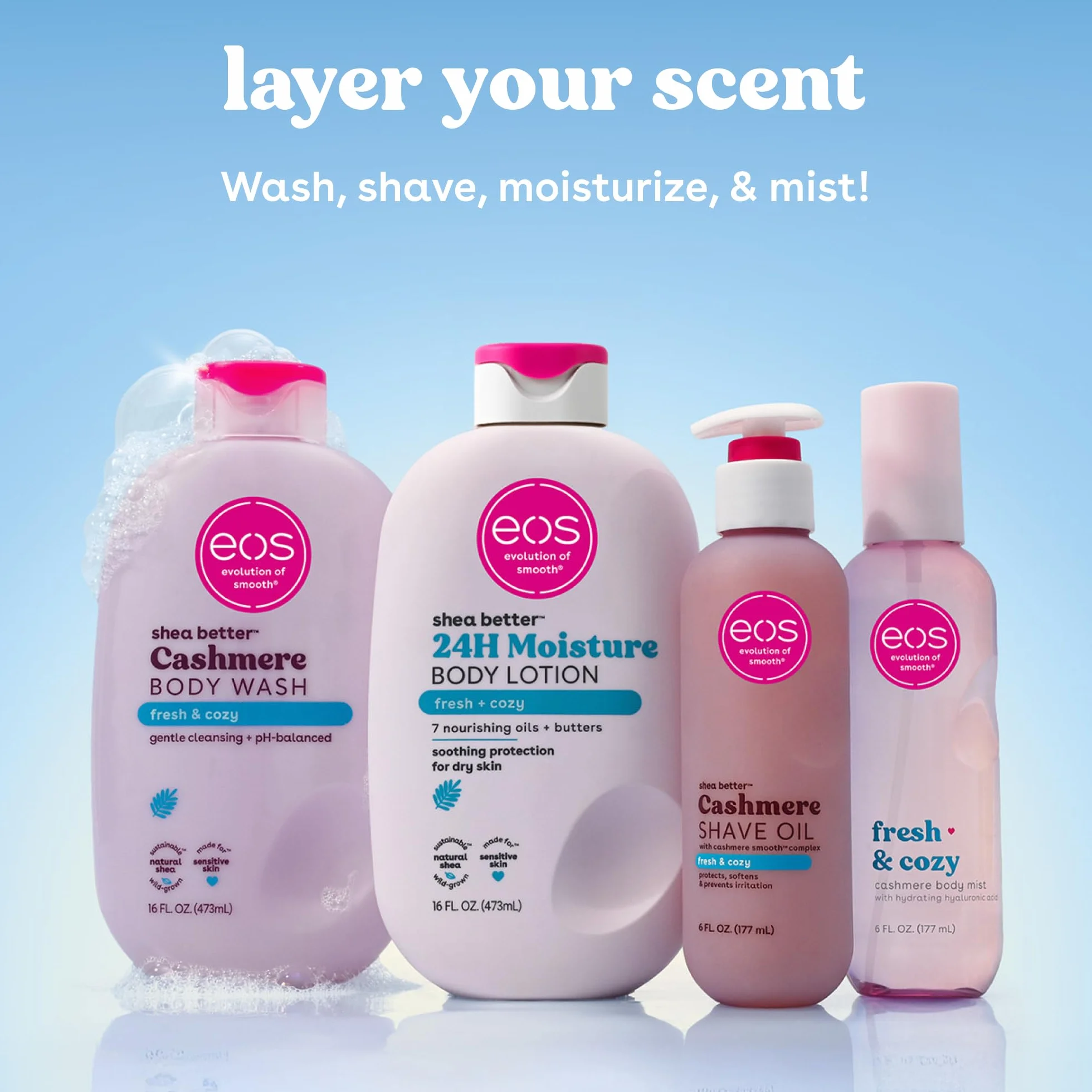 eos Olejek kaszmirowy do golenia – Fresh & Cozy nawilżający olejek do golenia · z masłem shea i gliceryną · do skóry wrażliwej · 177 ml