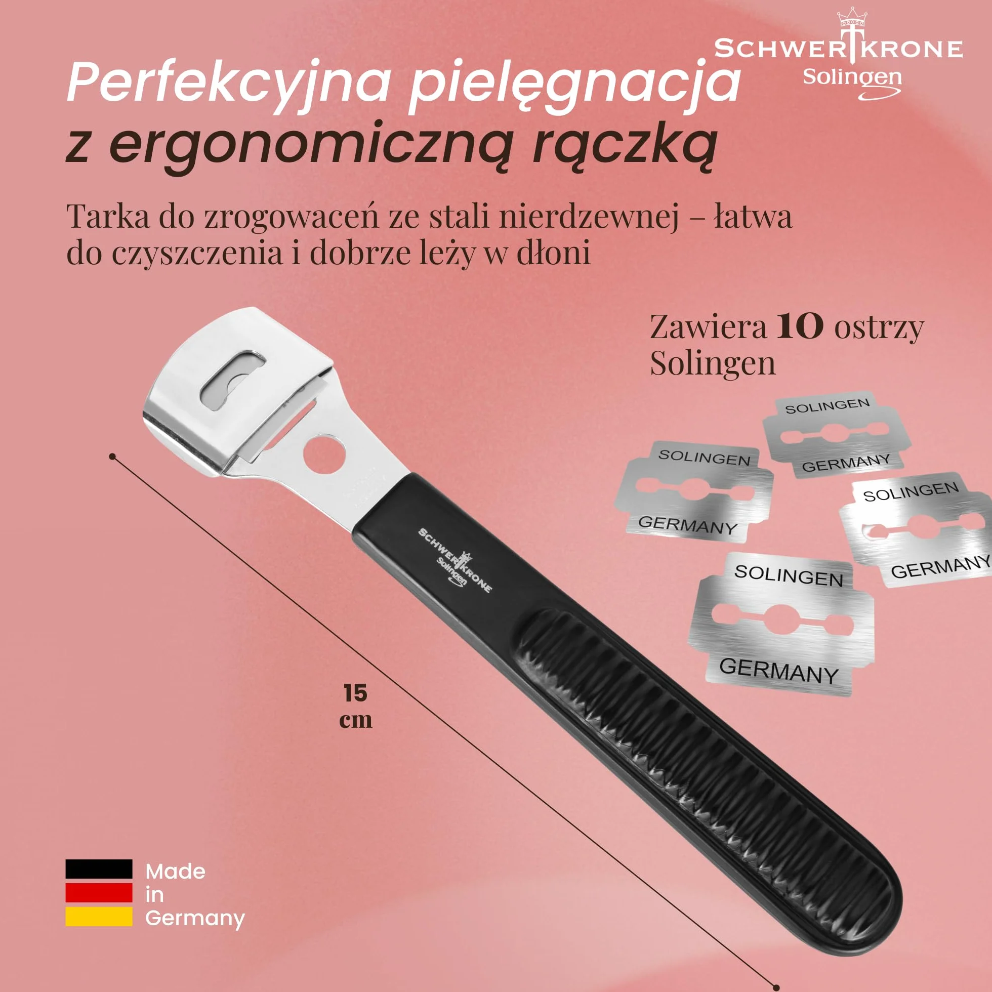 Schwertkrone Solingen strug do zrogowaciałego naskórka z 10 ostrzami/zapasowymi ostrzami do strugania zrogowaciałego naskórka – nierdzewny 10