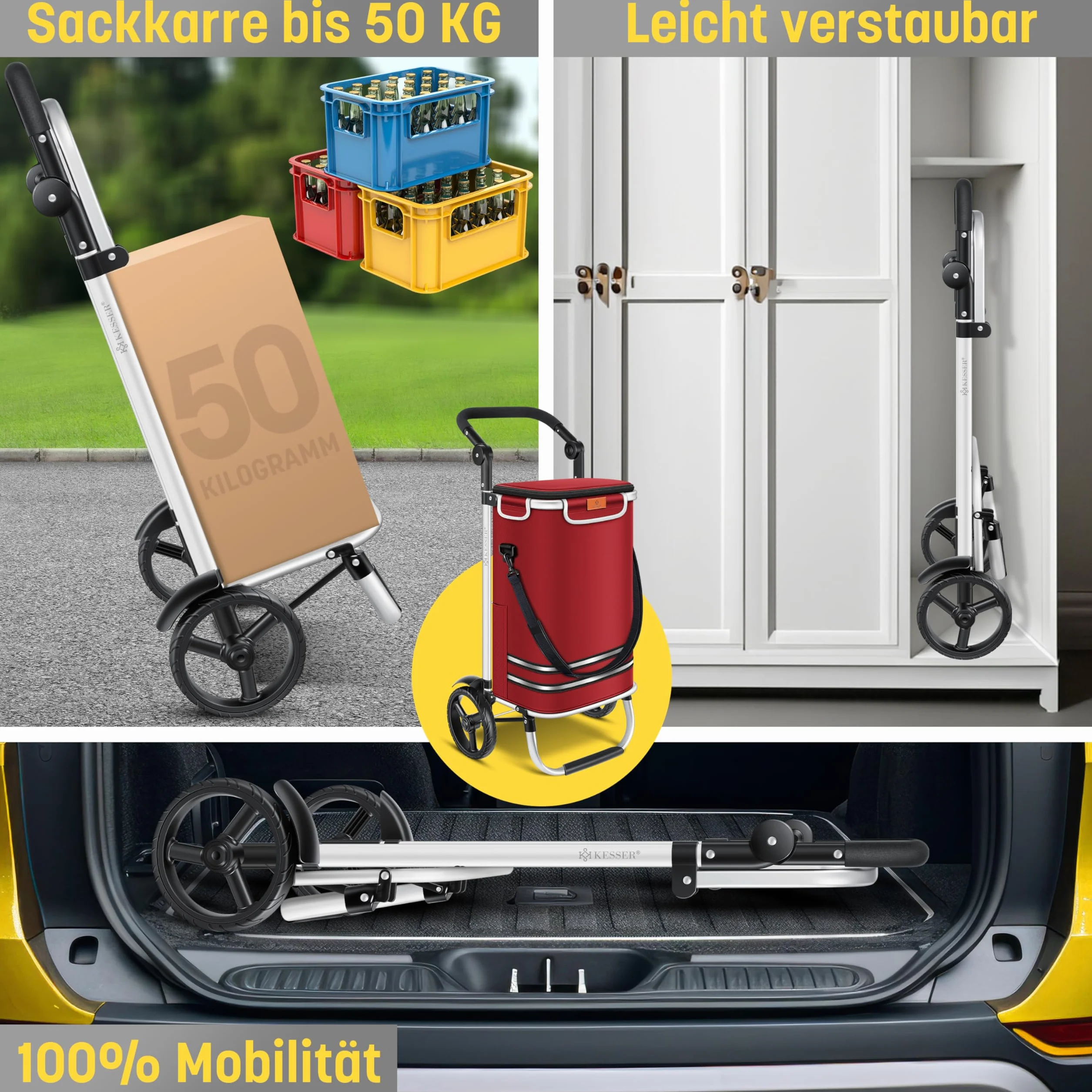 Kesser® Wózek zakupowy, składany, 56 l pojemności, obciążenie do 50 kg, wózek transportowy 3 w 1, wózek na zakupy, w zestawie komora chłodząca i żeton na zakupy, do pokonywania schodów, bordowy